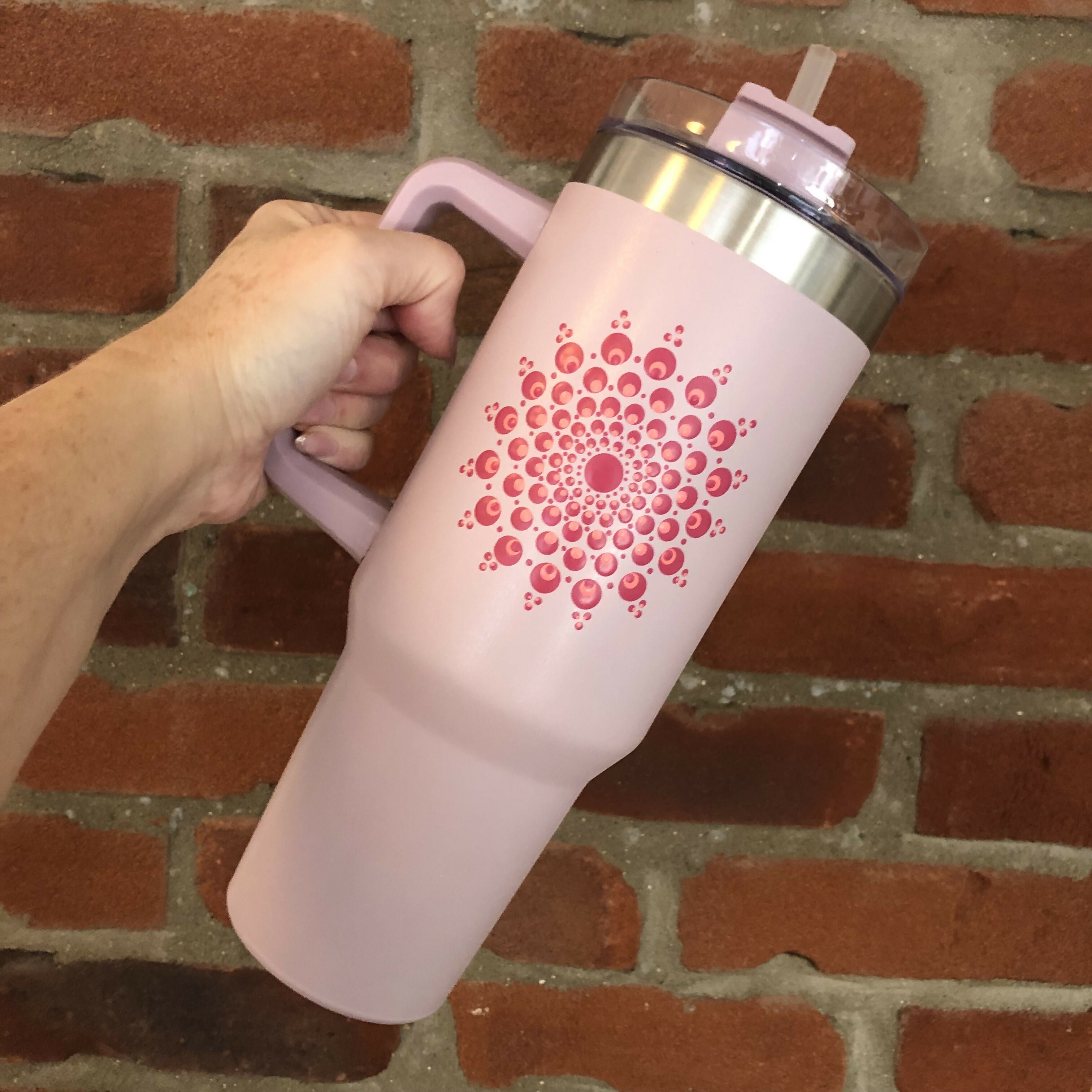 Hand Painted Dot Mandala Stanley-Style Cup With Straw: Blush Pink with Flamingo and Coral