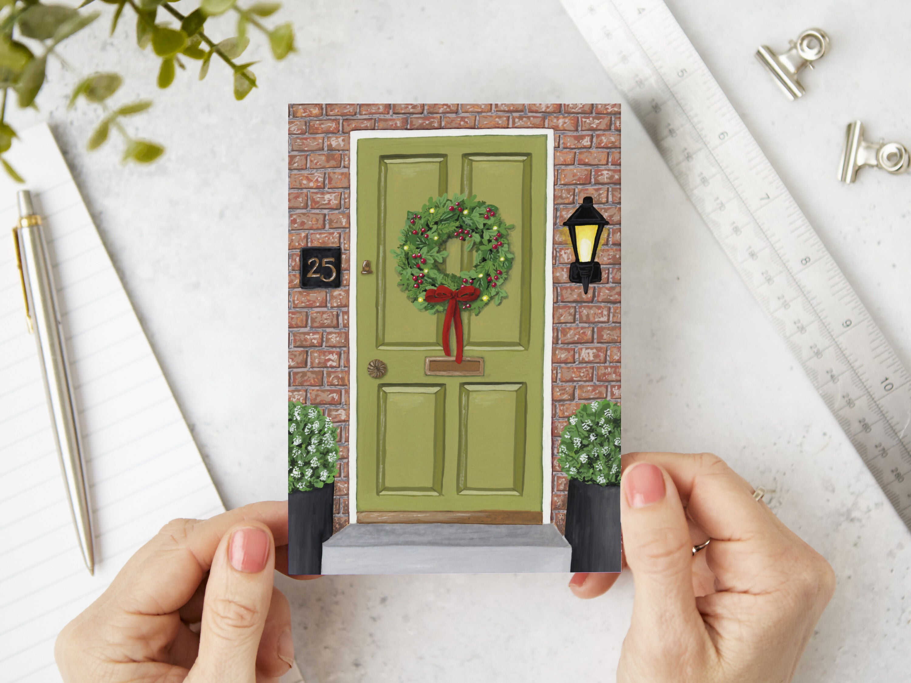 Green Door and Wreath Christmas Card A6