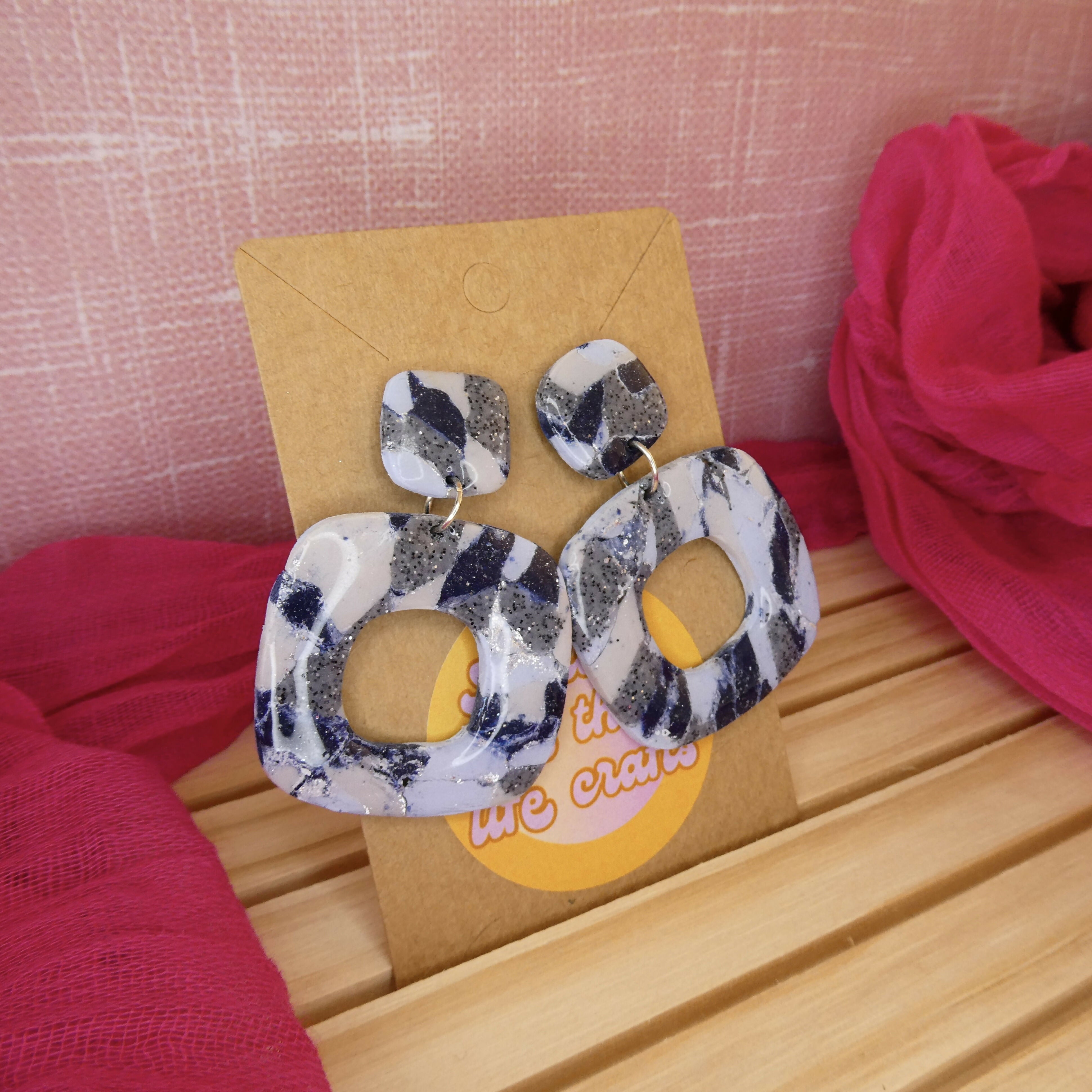 Blue Denim Look Square Polymer Clay Earrings