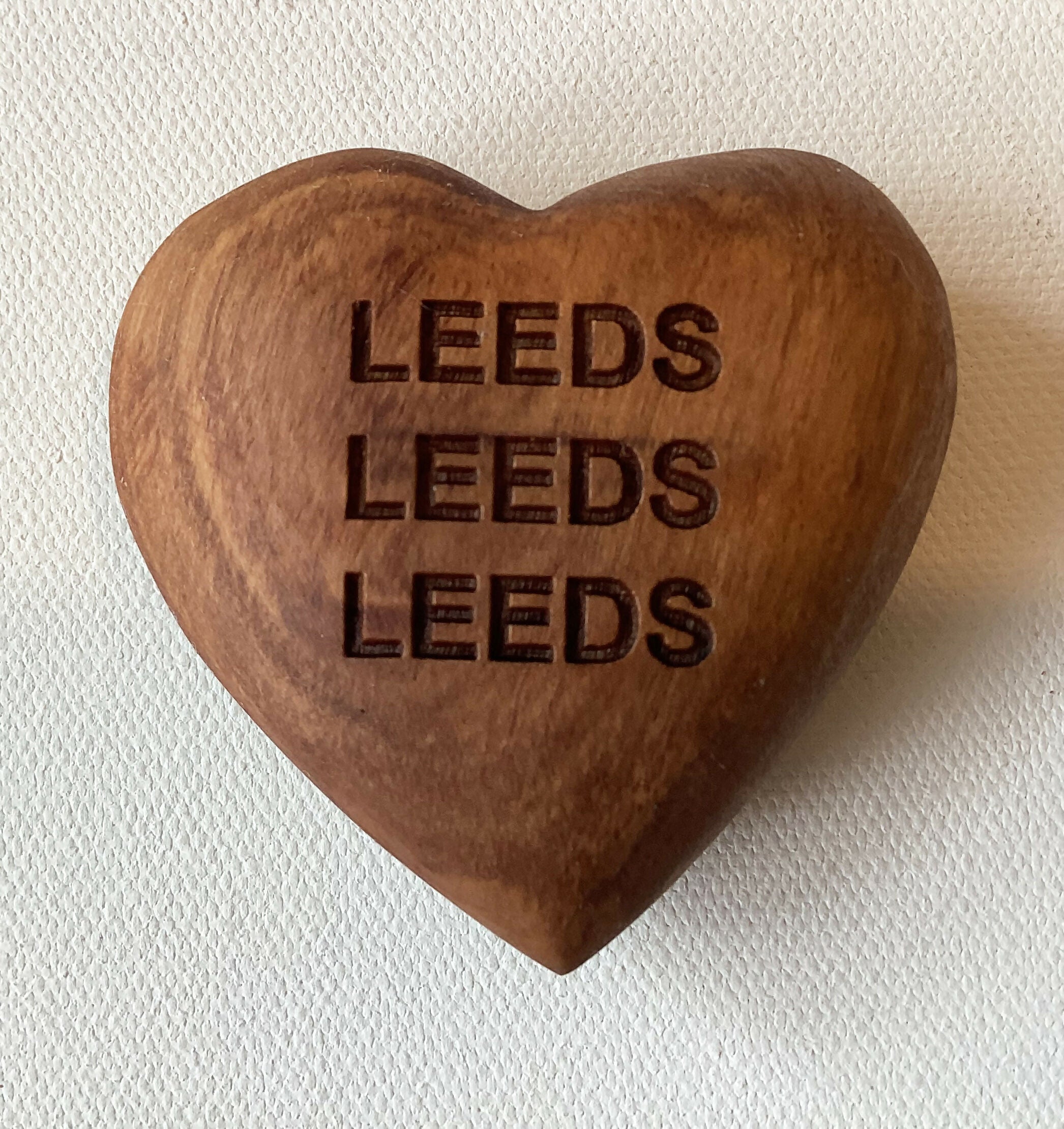 Leeds Football Fan Inspired Gift - Engraved Rustic Solid Olive Wood Heart
