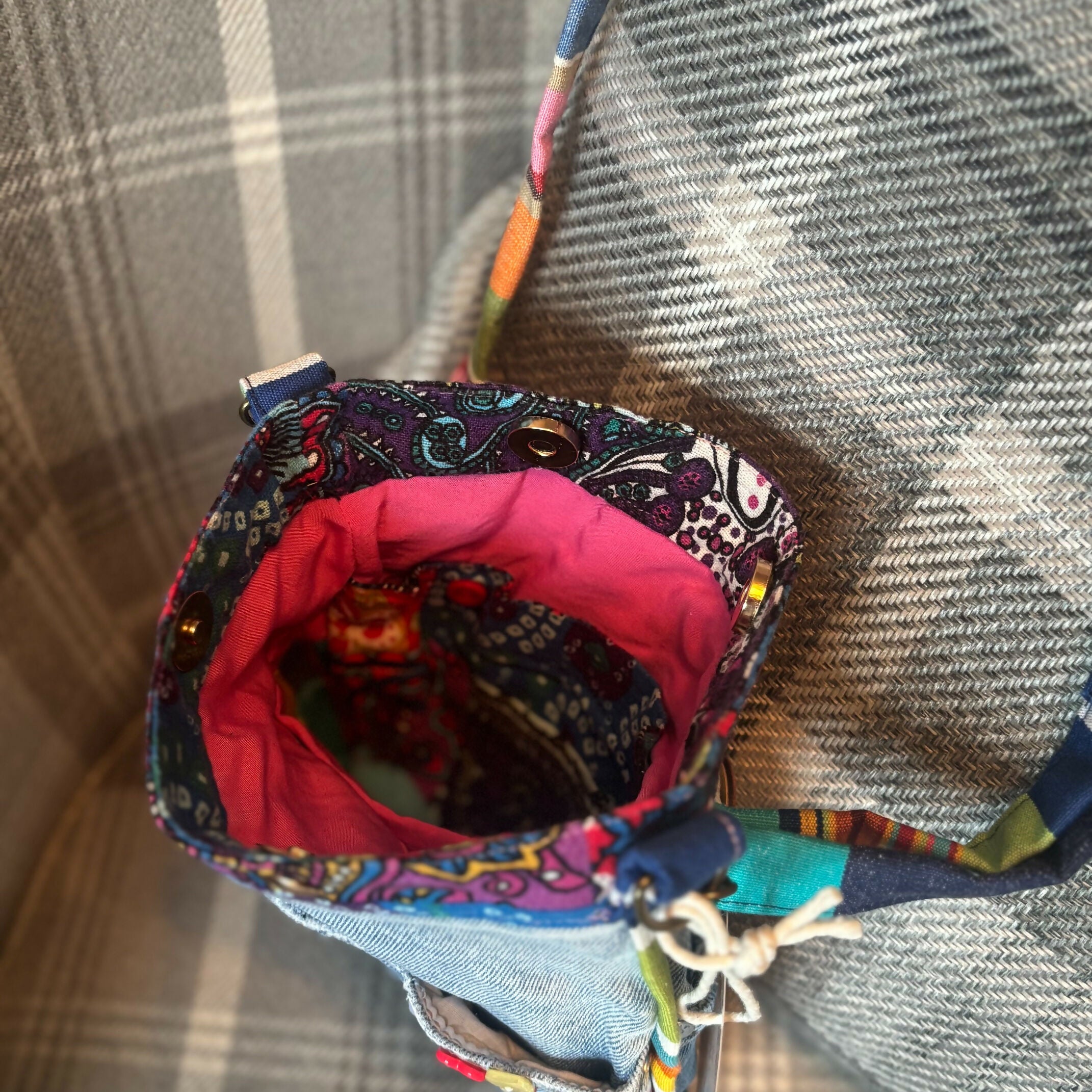 Unique Design Handcrafted Bag Purse Handbag Made From Upcycled Jeans And Bright Fabrics