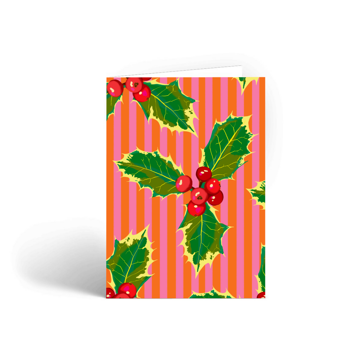 Pink Stripe Holly Christmas Card