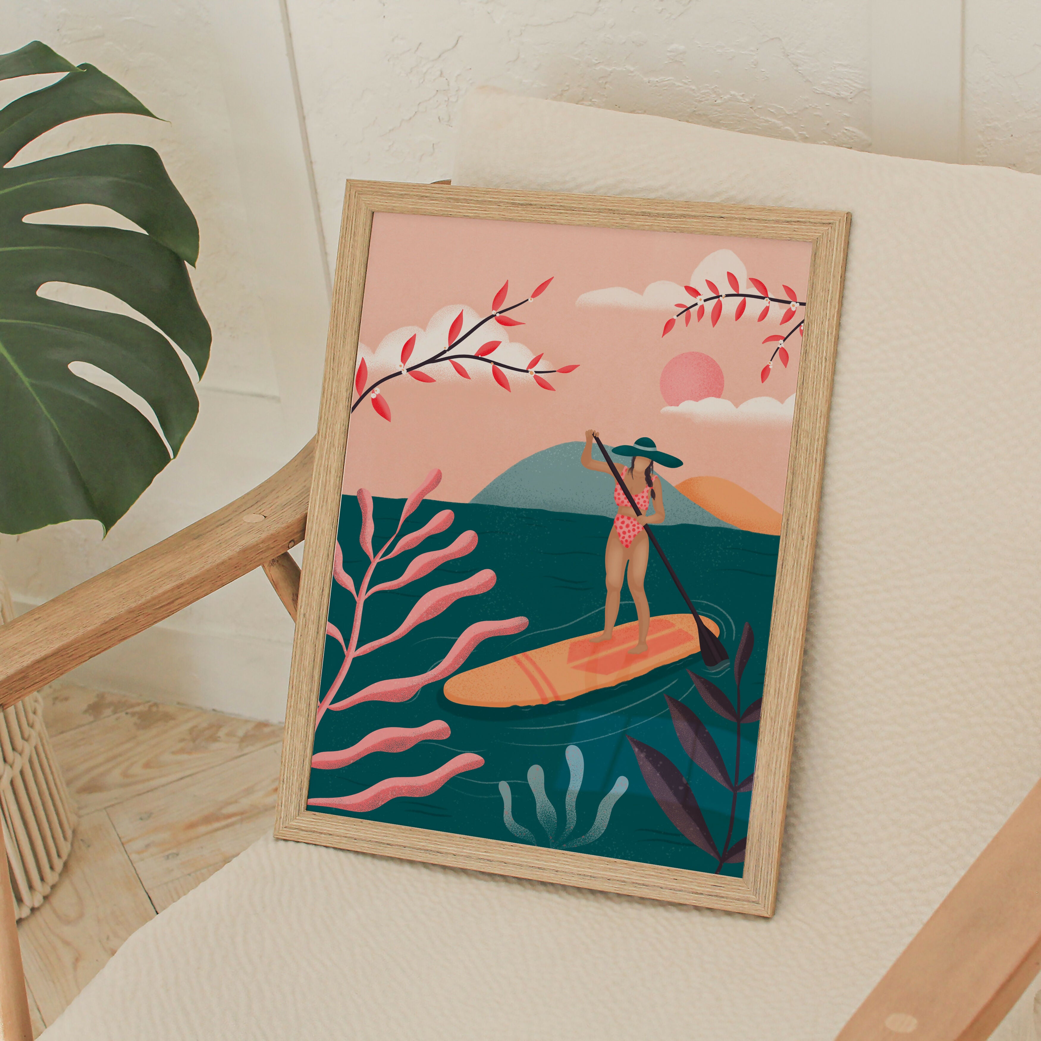 Paddleboard Art Print: Boho Surfer Girl Illustration (A4)