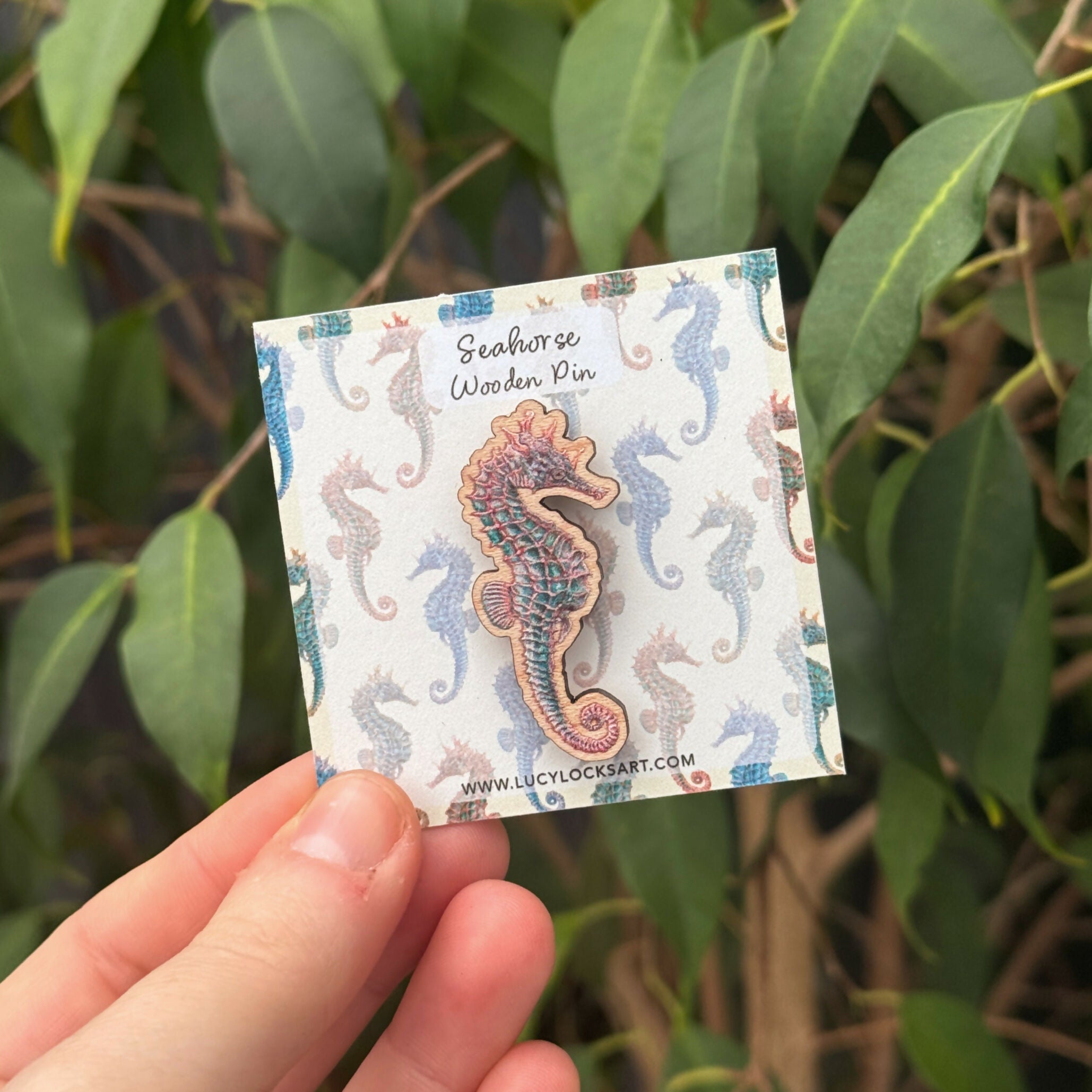 Seahorse - Pink and Teal - Wooden Pin