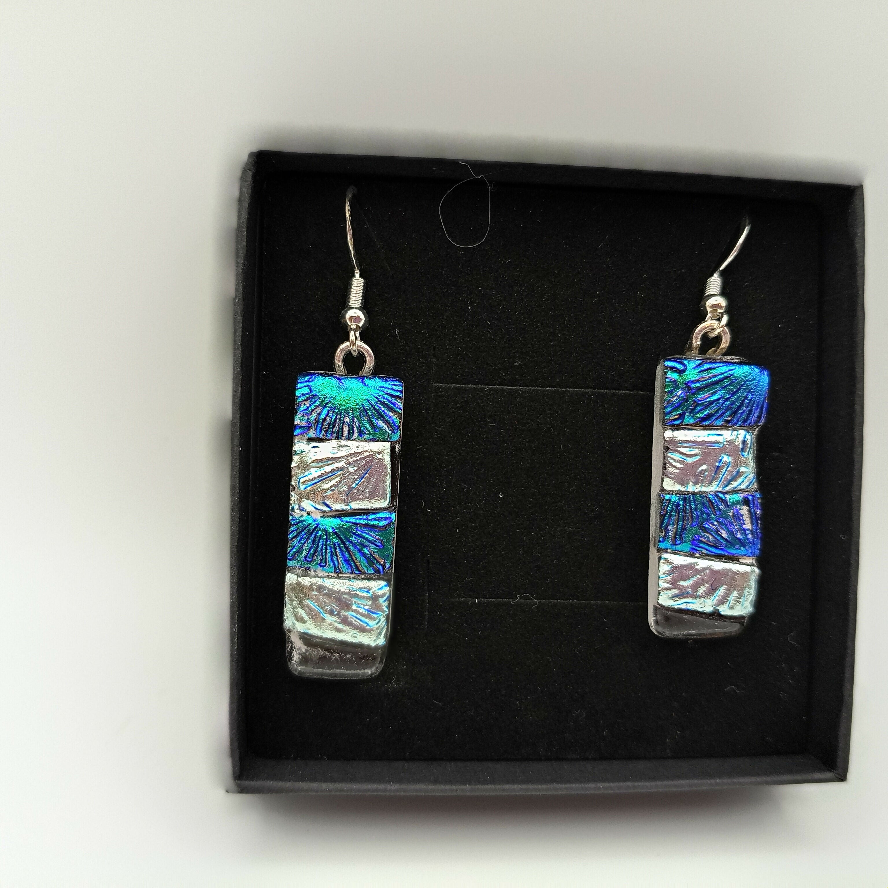 Blue and Silver Rippled Dichroic Earrings