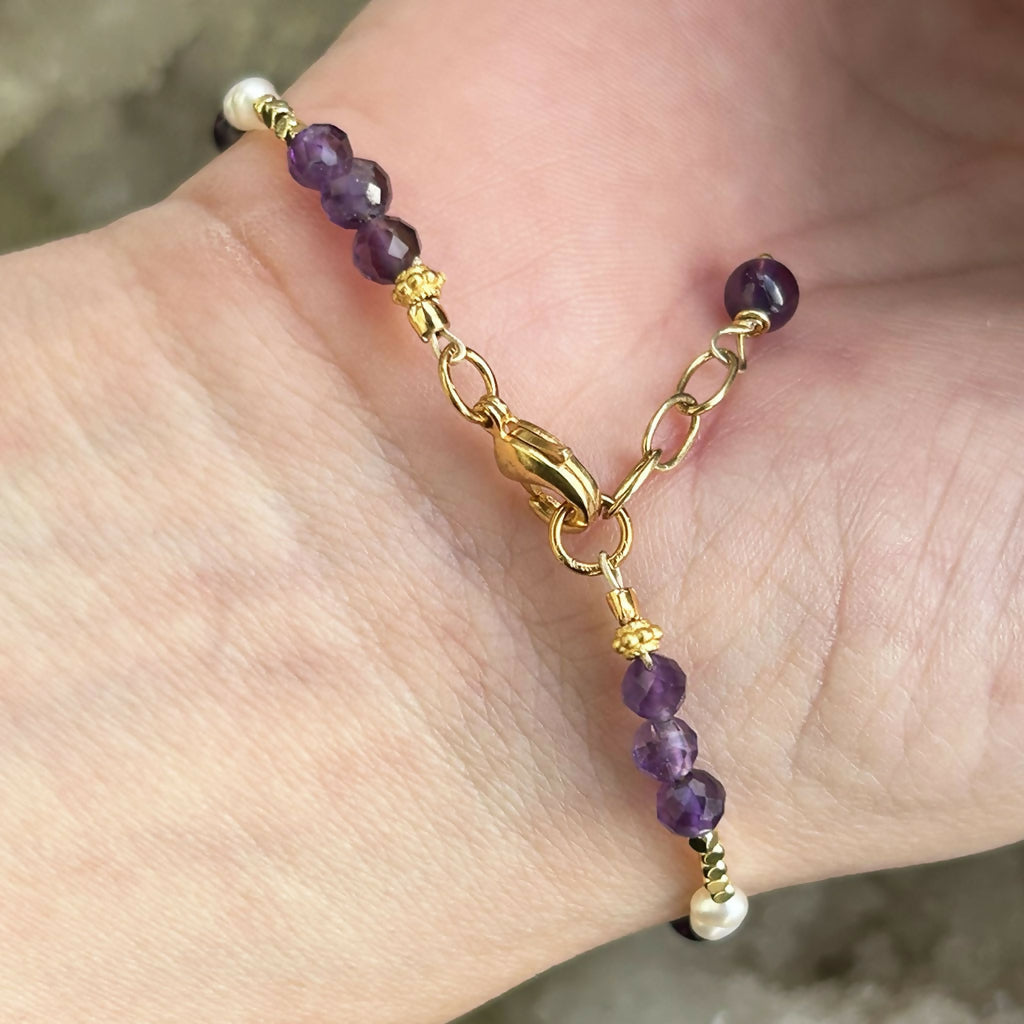 Handmade Gold Vermeil Amethyst And Freshwater Pearl Charm Bracelet.