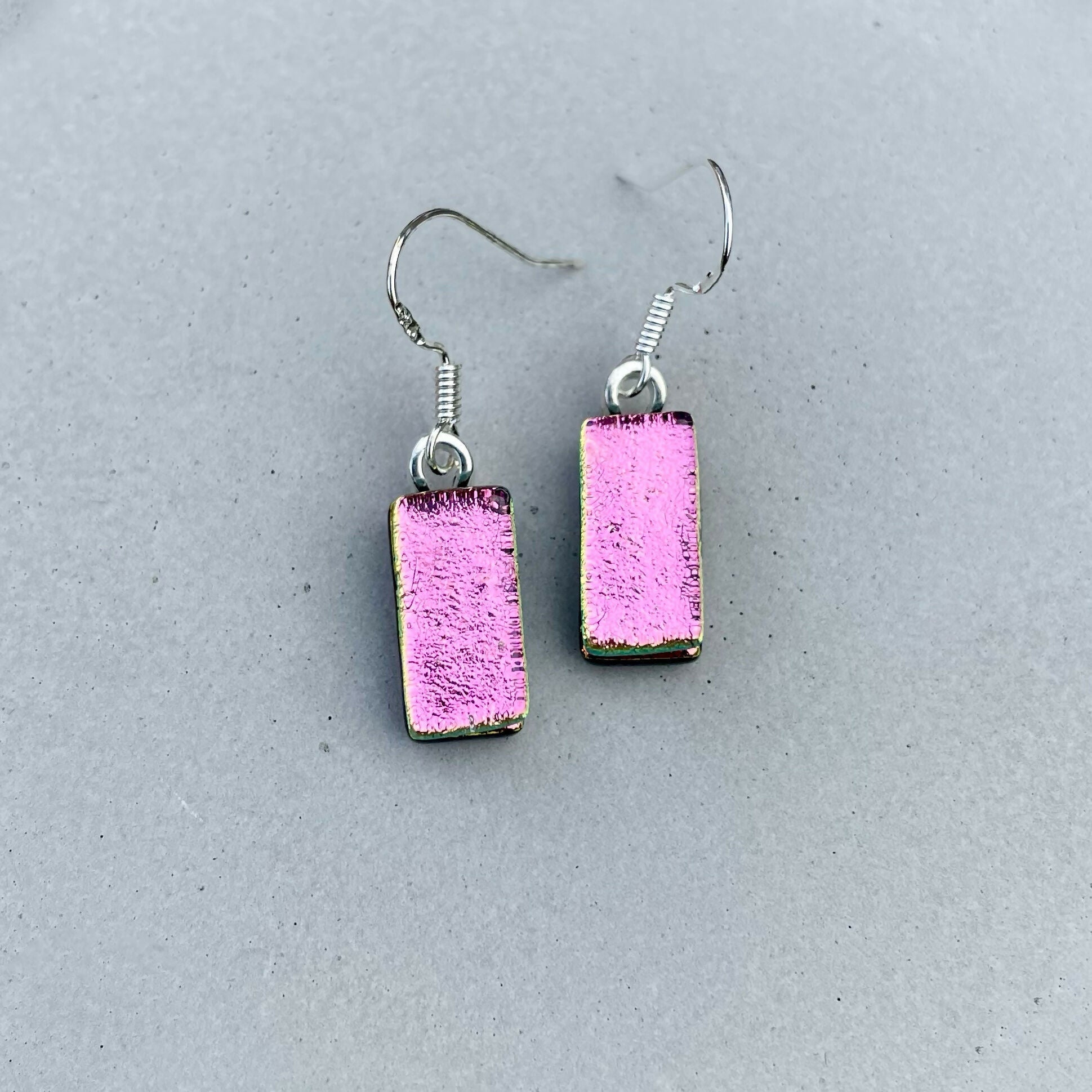Pink Dichroic Fused Glass Dangle Sterling Silver Earrings - Handmade by Jade Tapson Glass.
