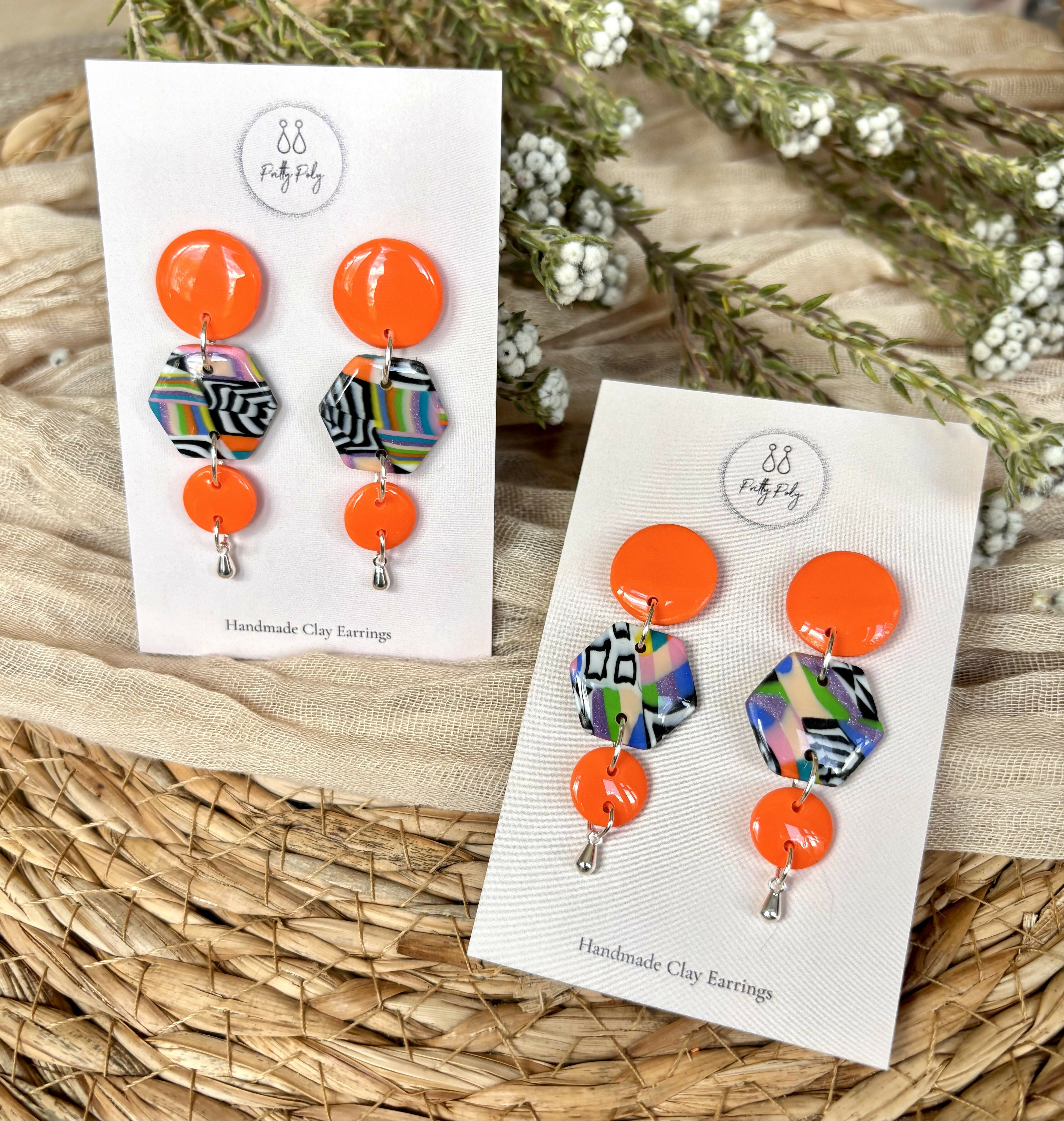 Funky Pattern Collection - Orange Droplet Polymer Clay Earrings