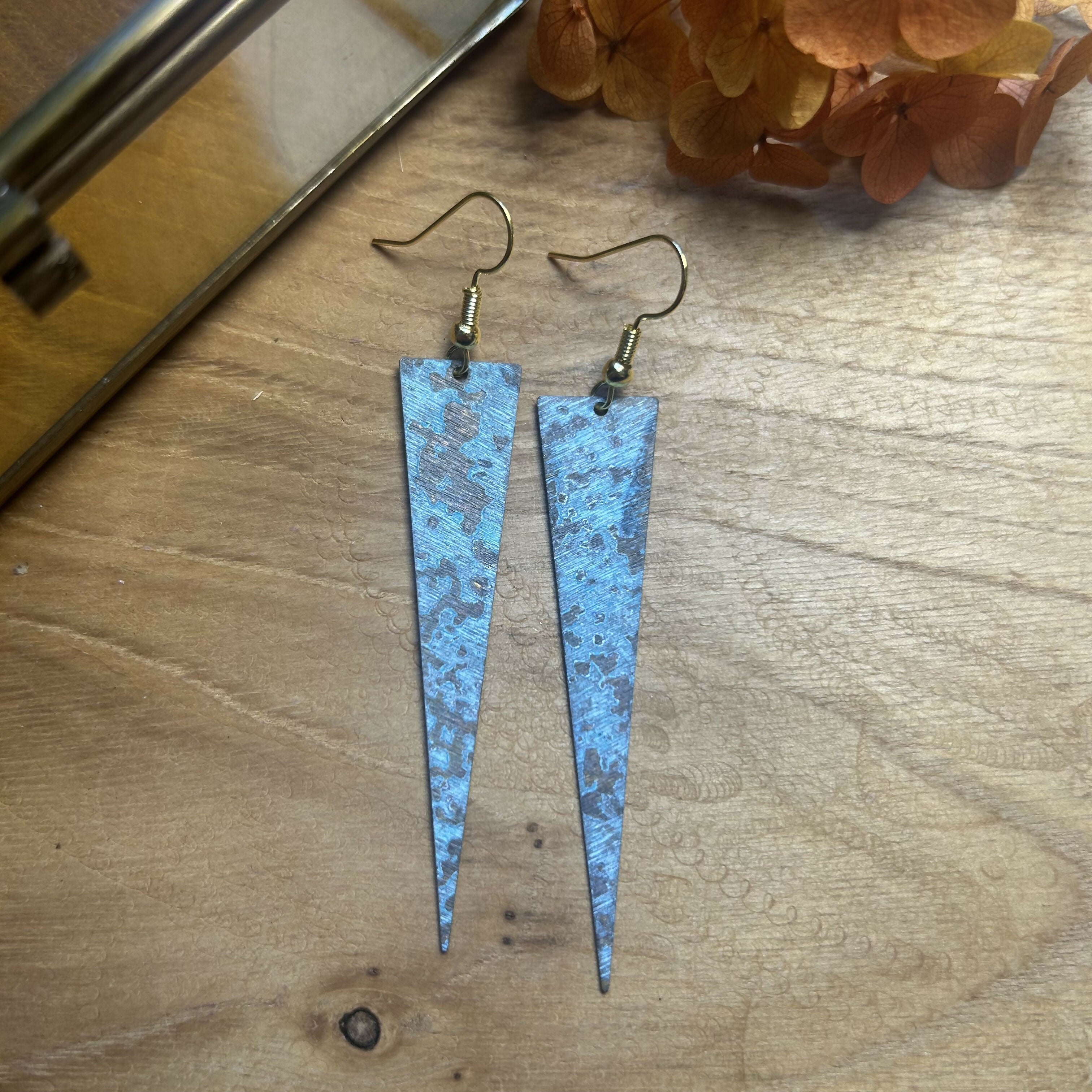 Stunning Brass & Turquoise Patina Large Point Earrings
