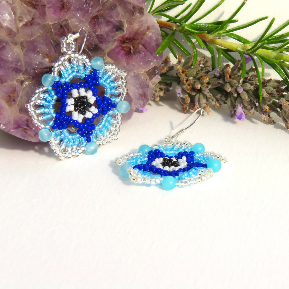 Aegean Dreams Avli Earrings Dyed Blue Jade, Miyuki Seed Beads, Sterling Silver Ear Wires