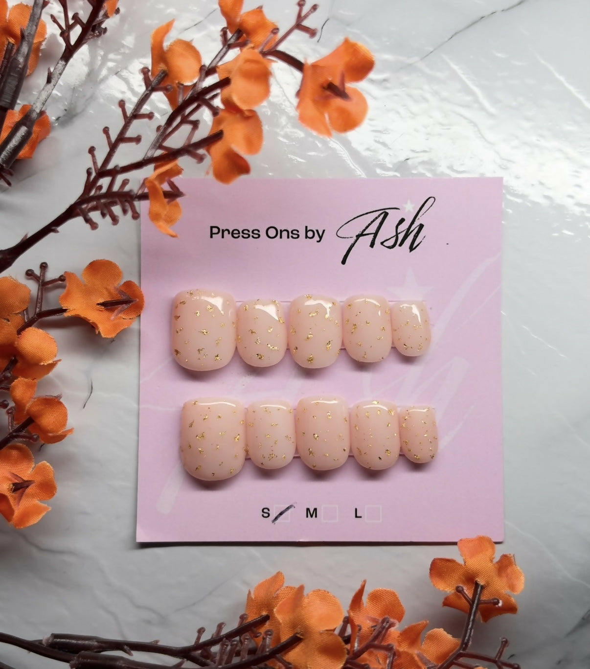 Reusable Pink Gold Leaf Handmade Press On Nails