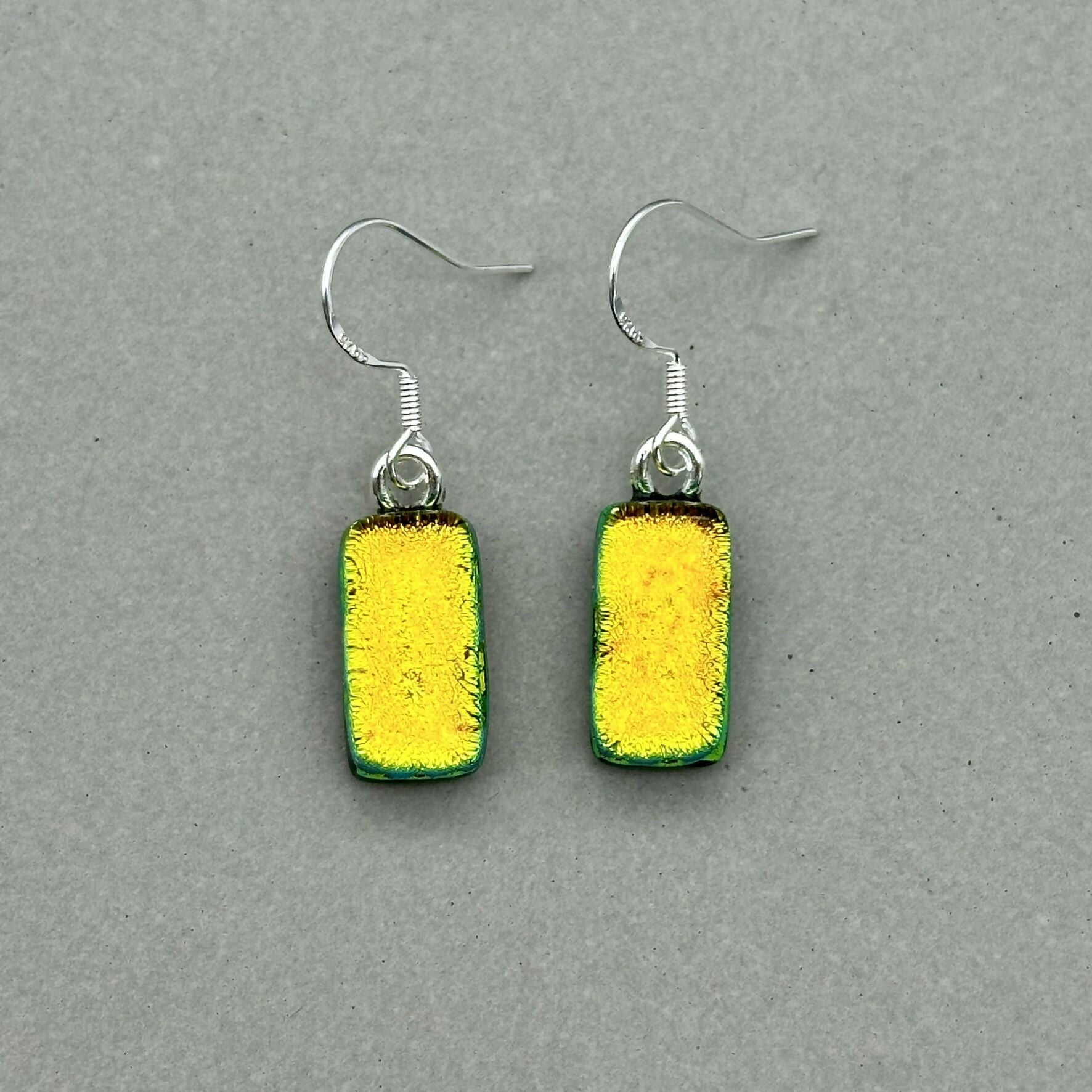 Orange Dichroic Fused Glass Dangle Sterling Silver Earrings - Handmade by Jade Tapson Glass.