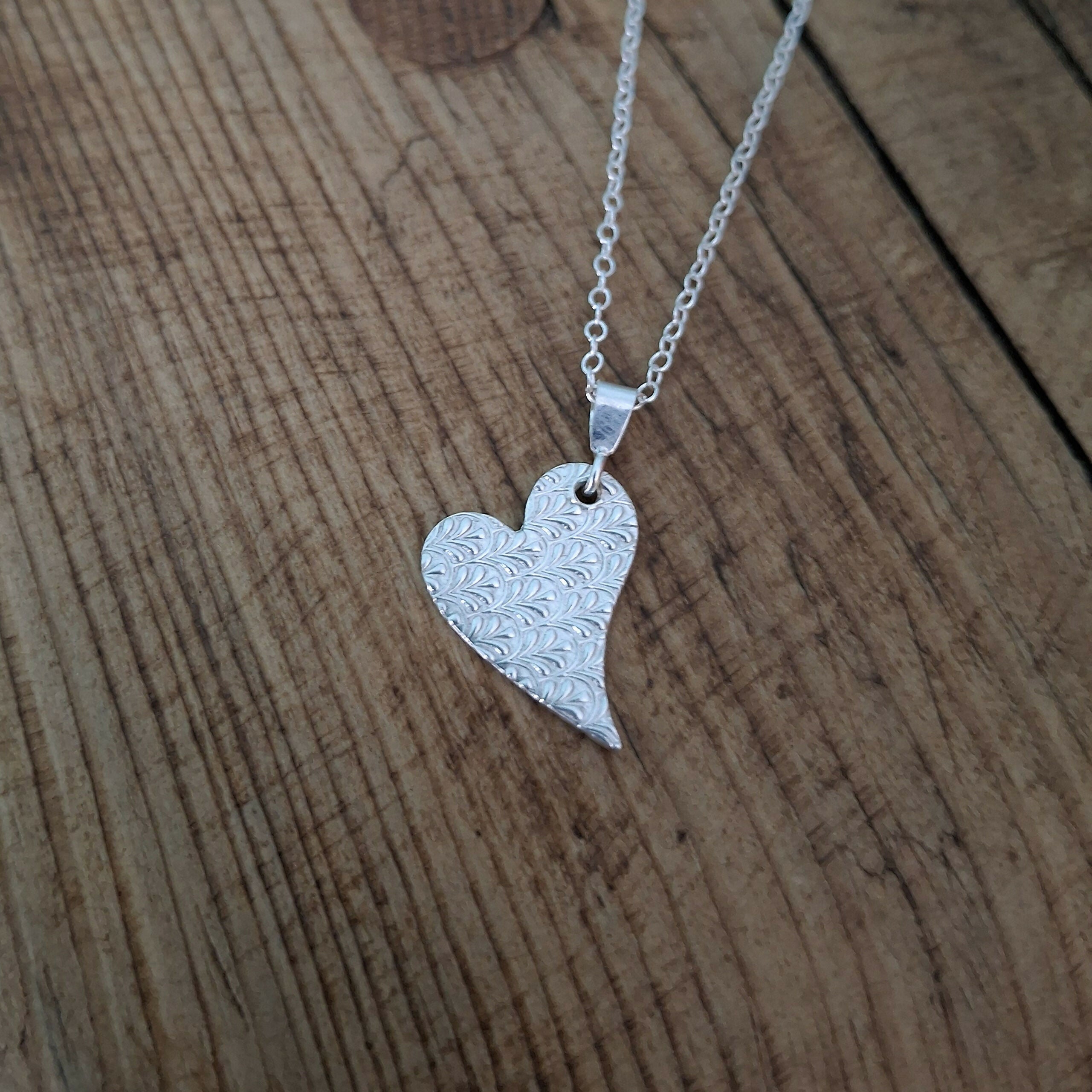 Handmade Silver Heart Necklace Fancy Leaf Texture