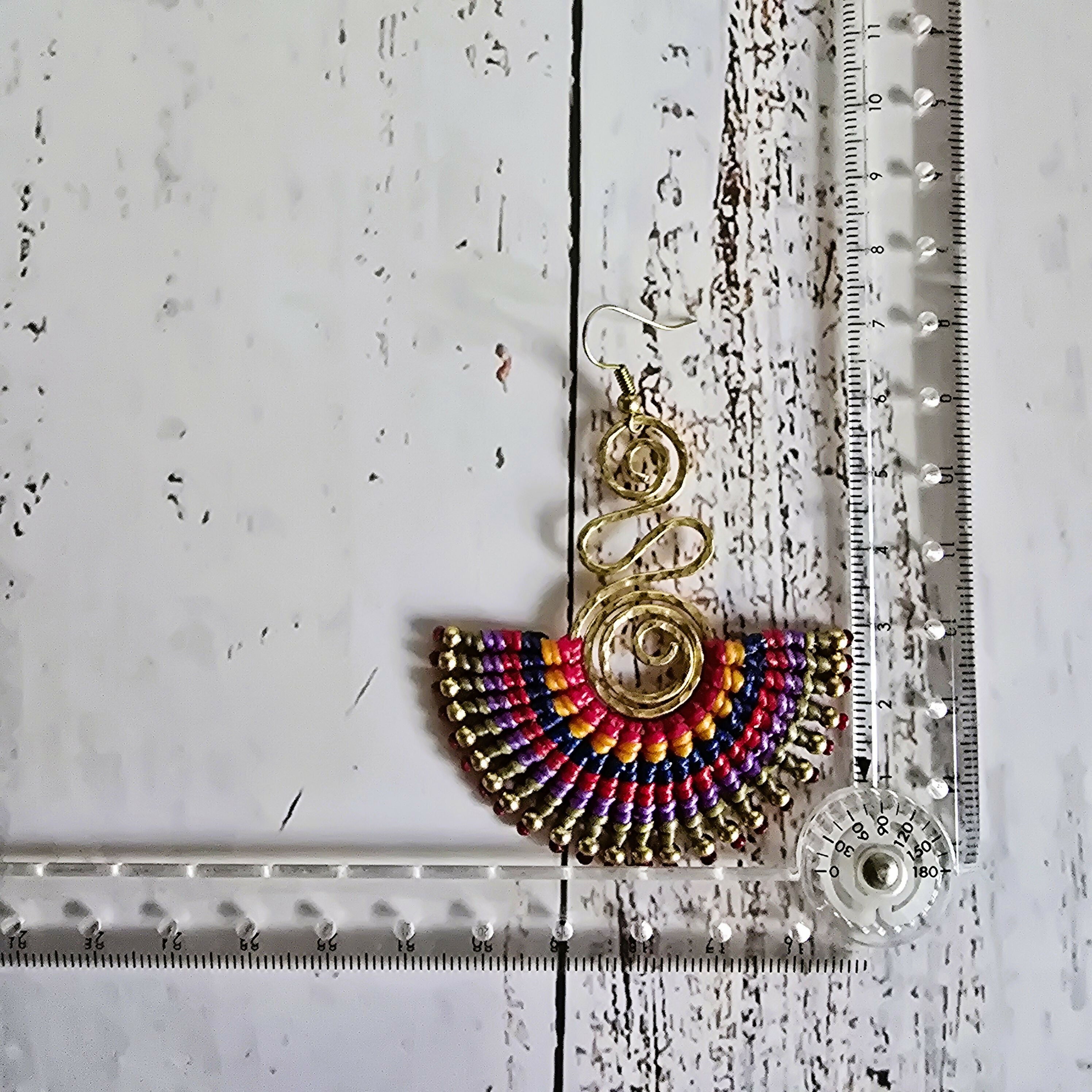 Rainbow Macrame Earrings; Statement Colourful Gold Wire Spiral Exotic Thai Boho Earrings
