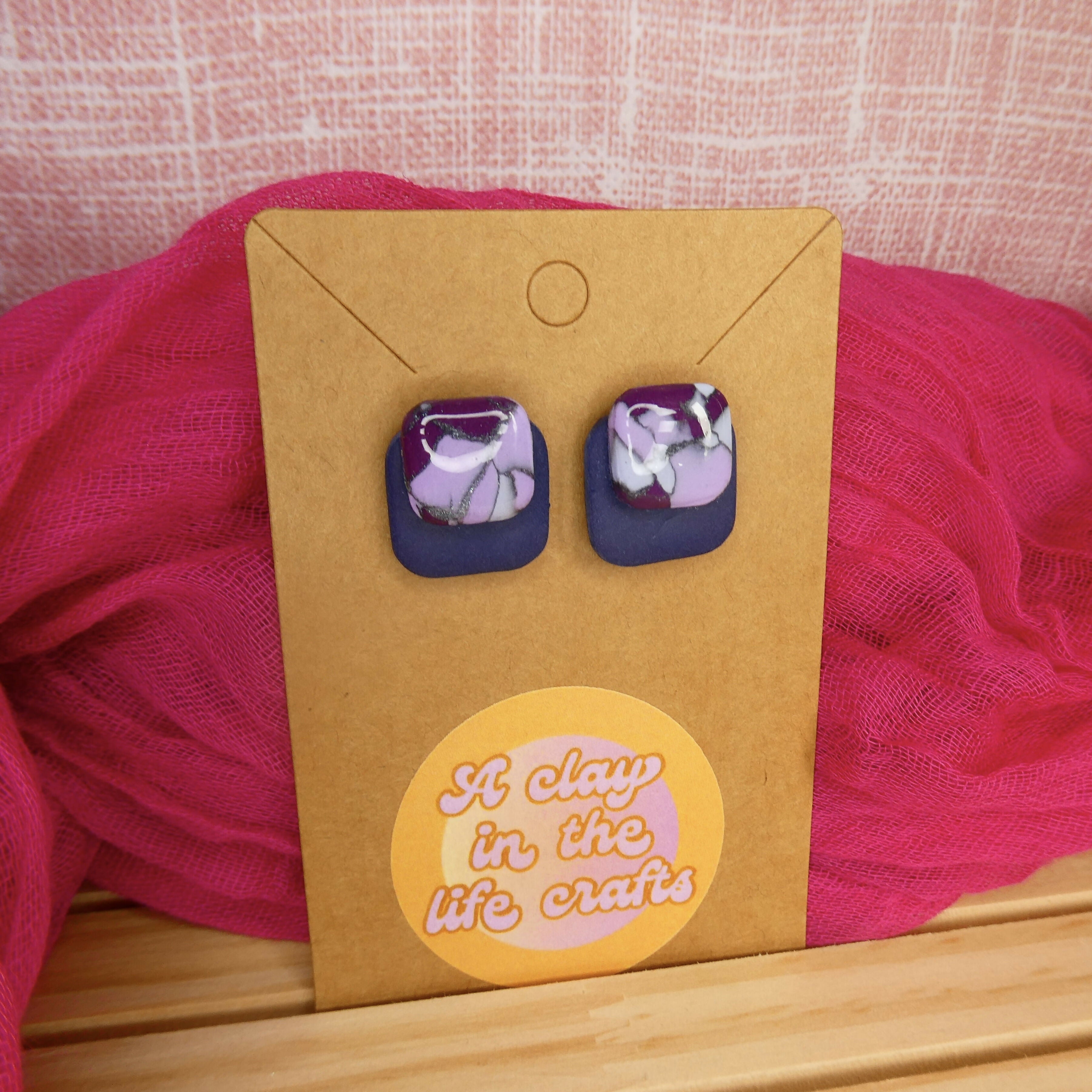 Blue And Purple Mosaic Square Stud Polymer Clay Earrings