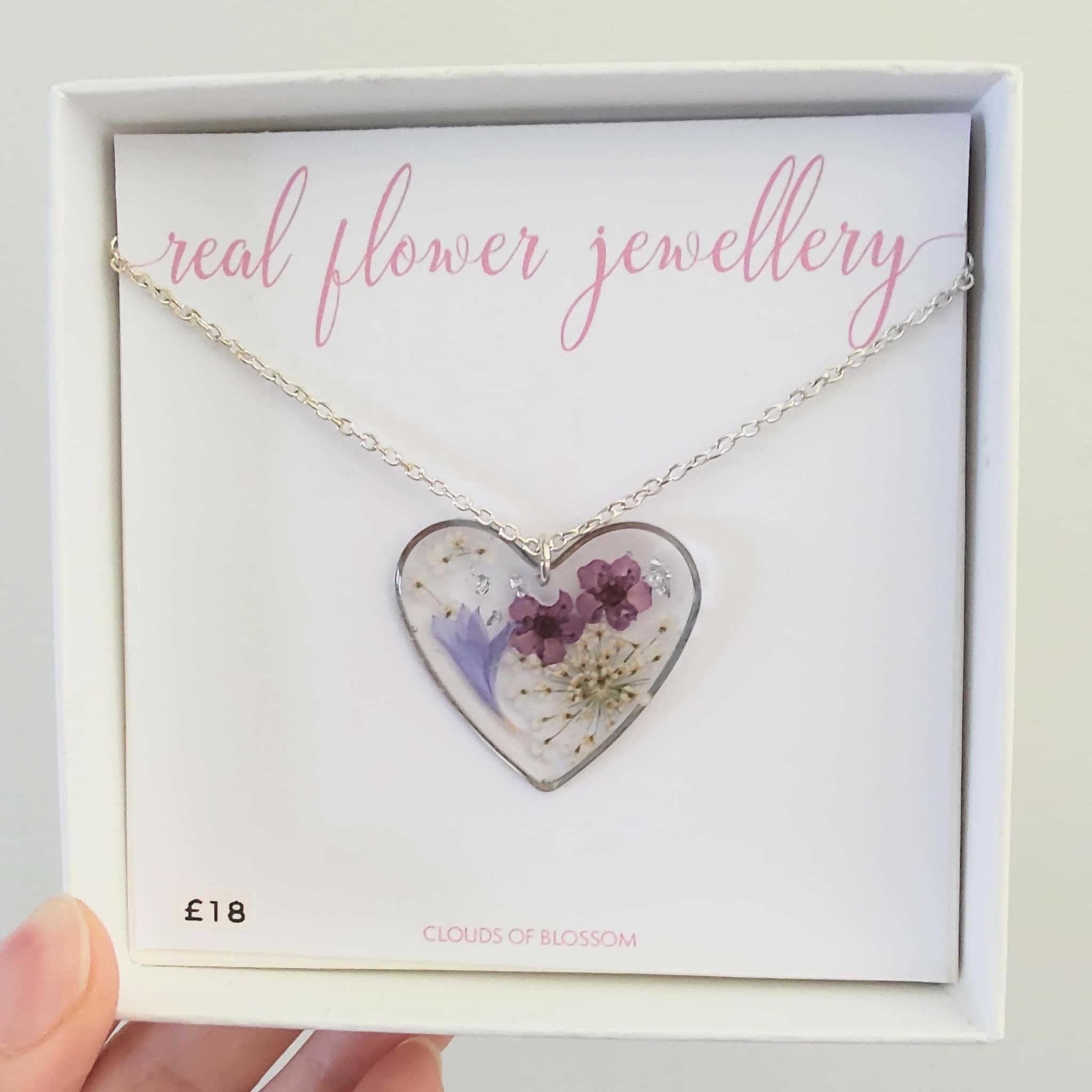 Real Flower Large Heart Necklace Silver Plated