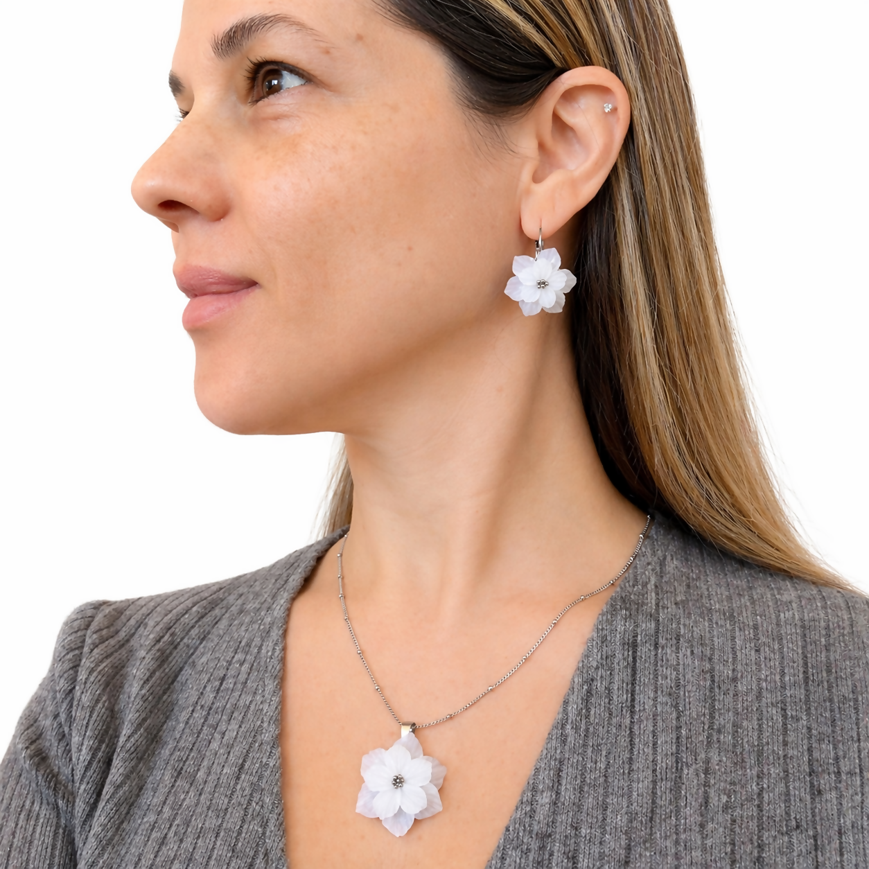 Translucent White Flower Pendant Necklace with Silver Chain