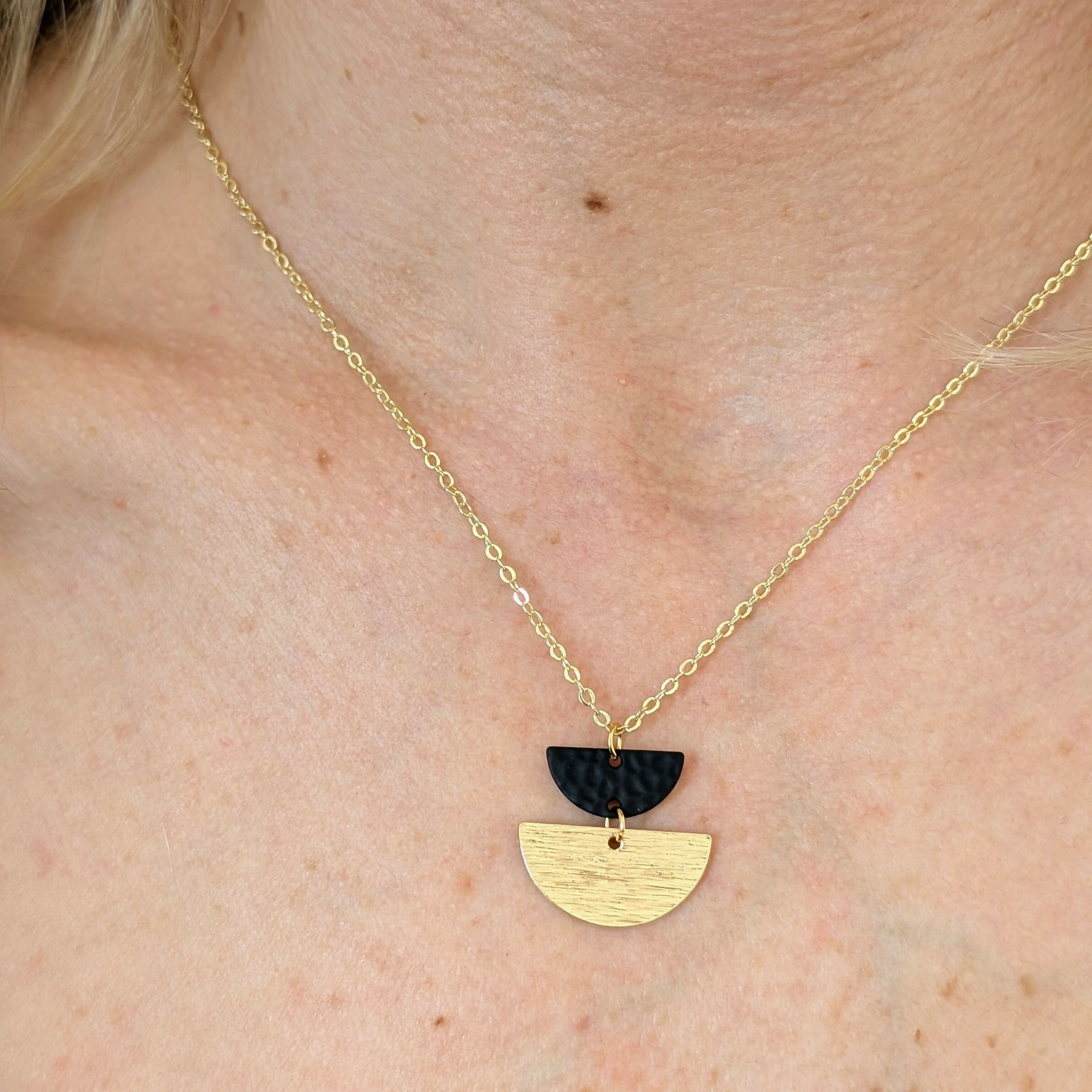 Geometric Necklace with Matte Black Charm and Gold Half Moon on Fine Gold Plated Chain