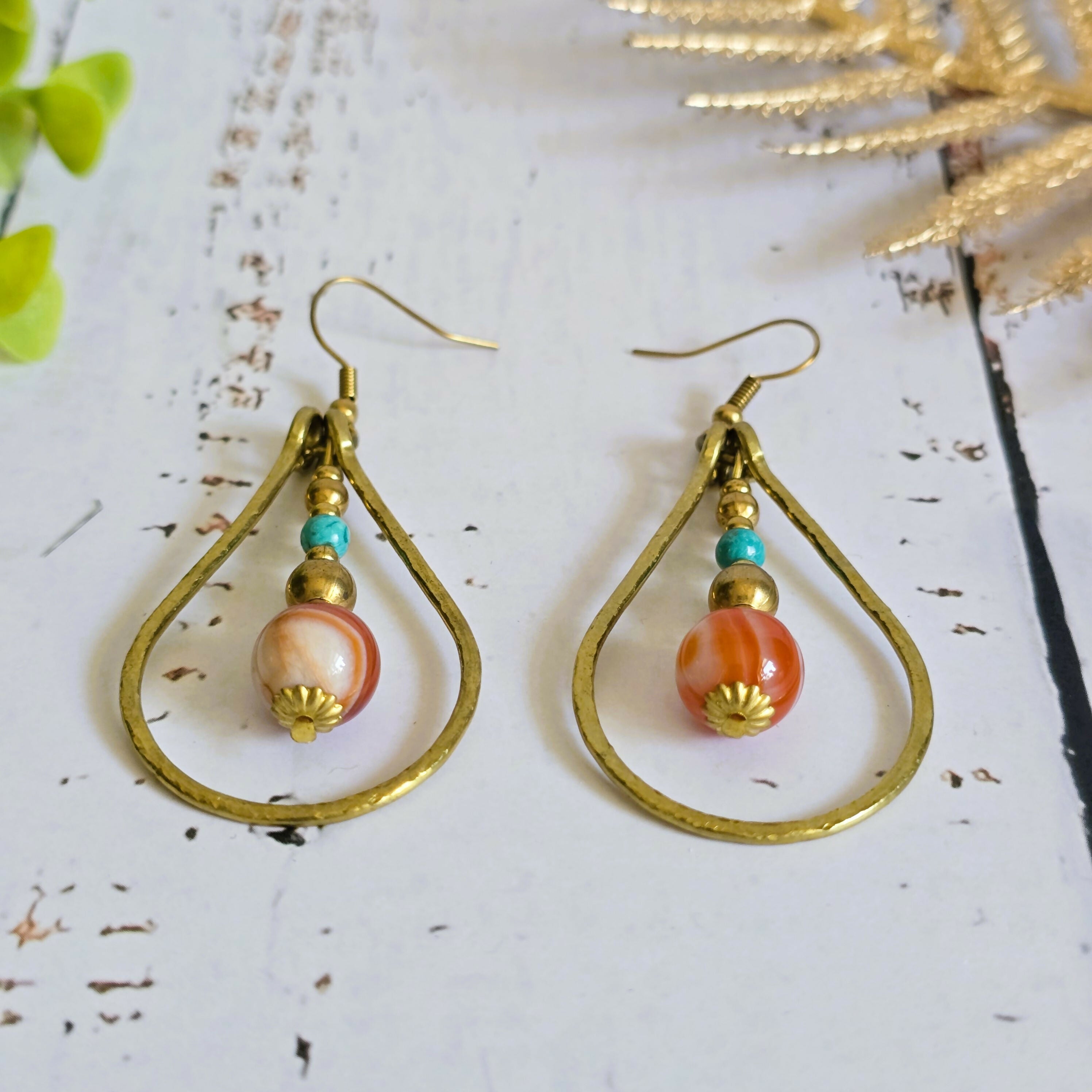 Gold Wire Crystal Earrings; Turquoise & Orange Agate Bohemian Teardrop Earrings