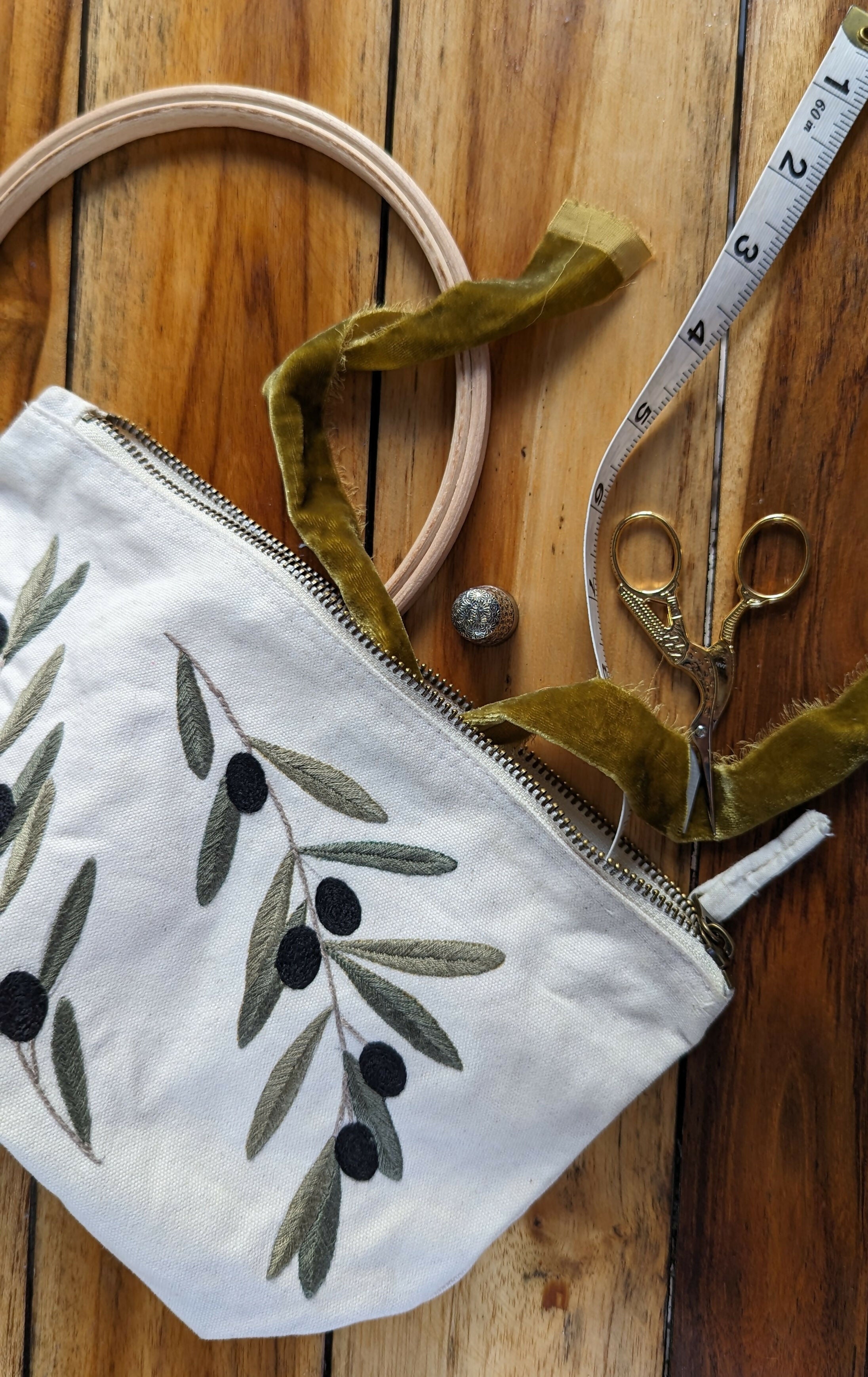 Olive Branch Embroidery Kit for Beginners - Stitch Your Own Makeup Bag - DIY Craft Kit Gift