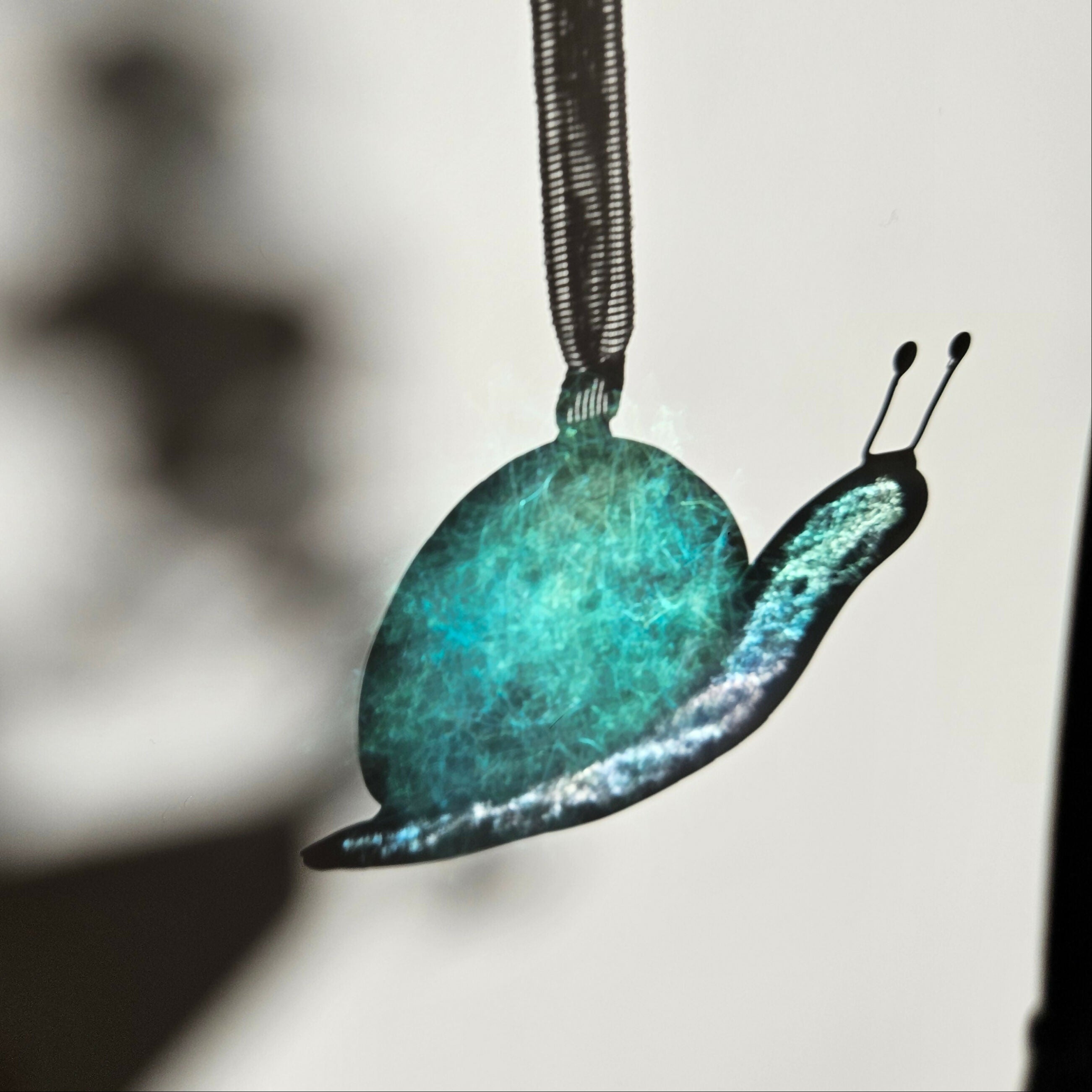 Textured Iridescent Green-Blue Snail Stained Glass Suncatcher