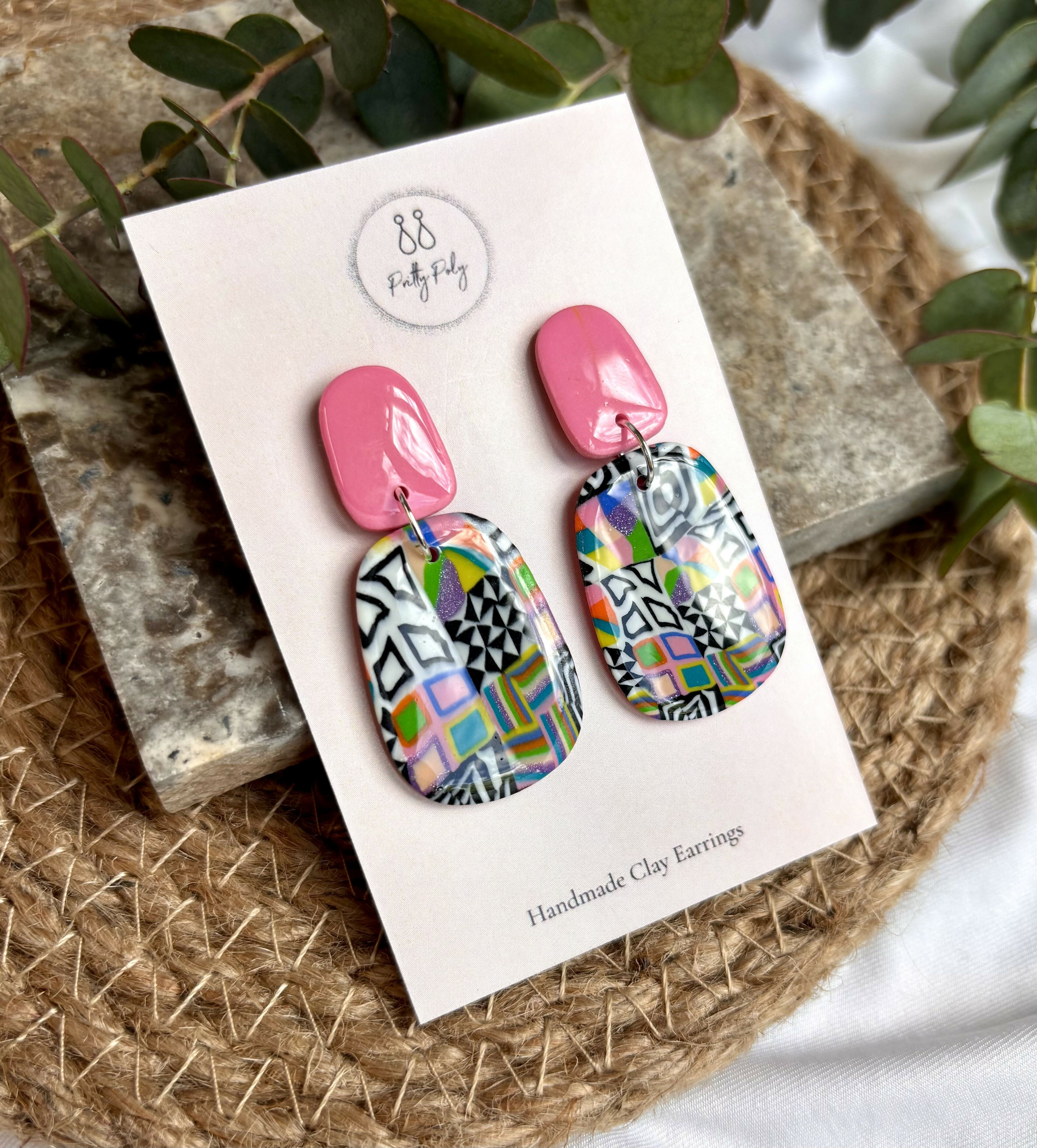 Funky Pattern Collection - Pink Dangle Polymer Clay Earrings