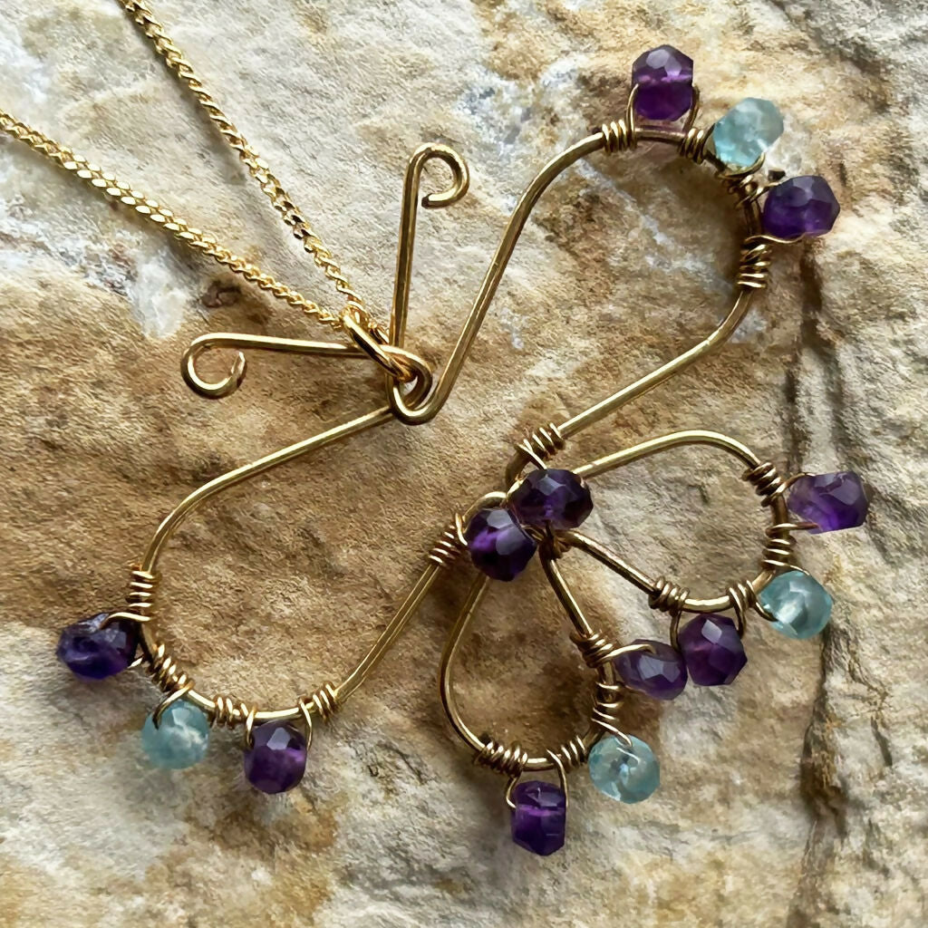 Handmade Gold Vermeil Amethyst And Aquamarine Butterfly Necklace