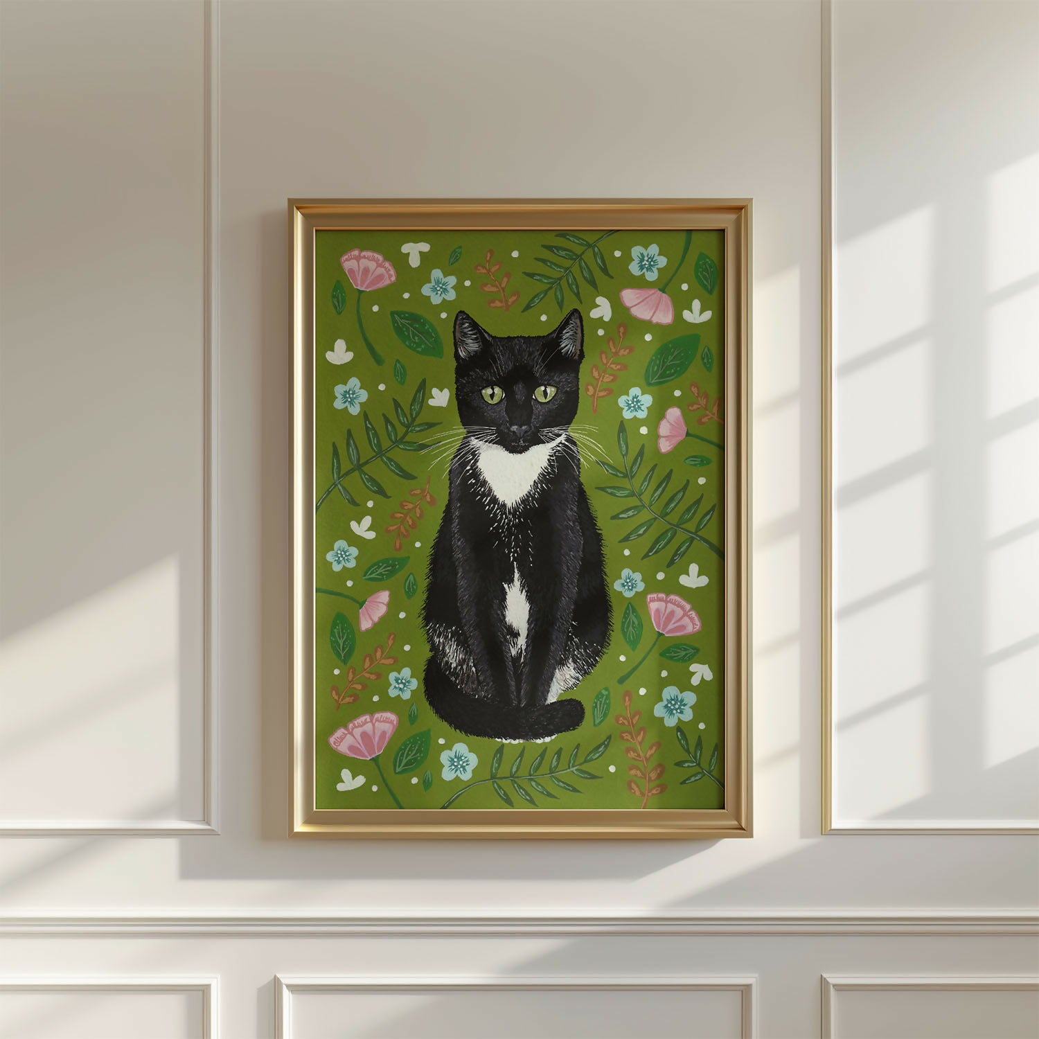 Tuxedo Cat Floral Art Print A4