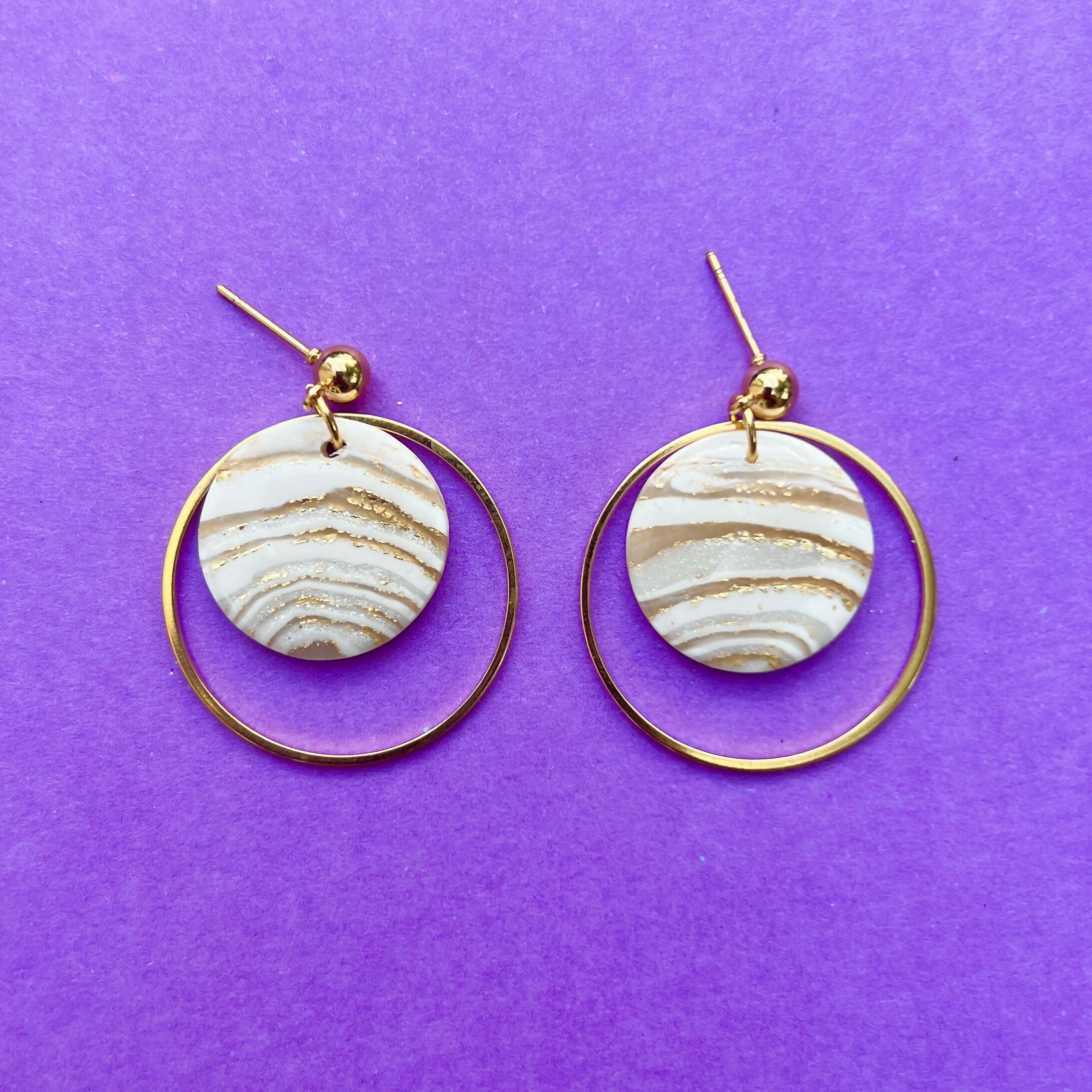 Jessie White Marble Effect Polymer Clay Gold Hoop Earrings