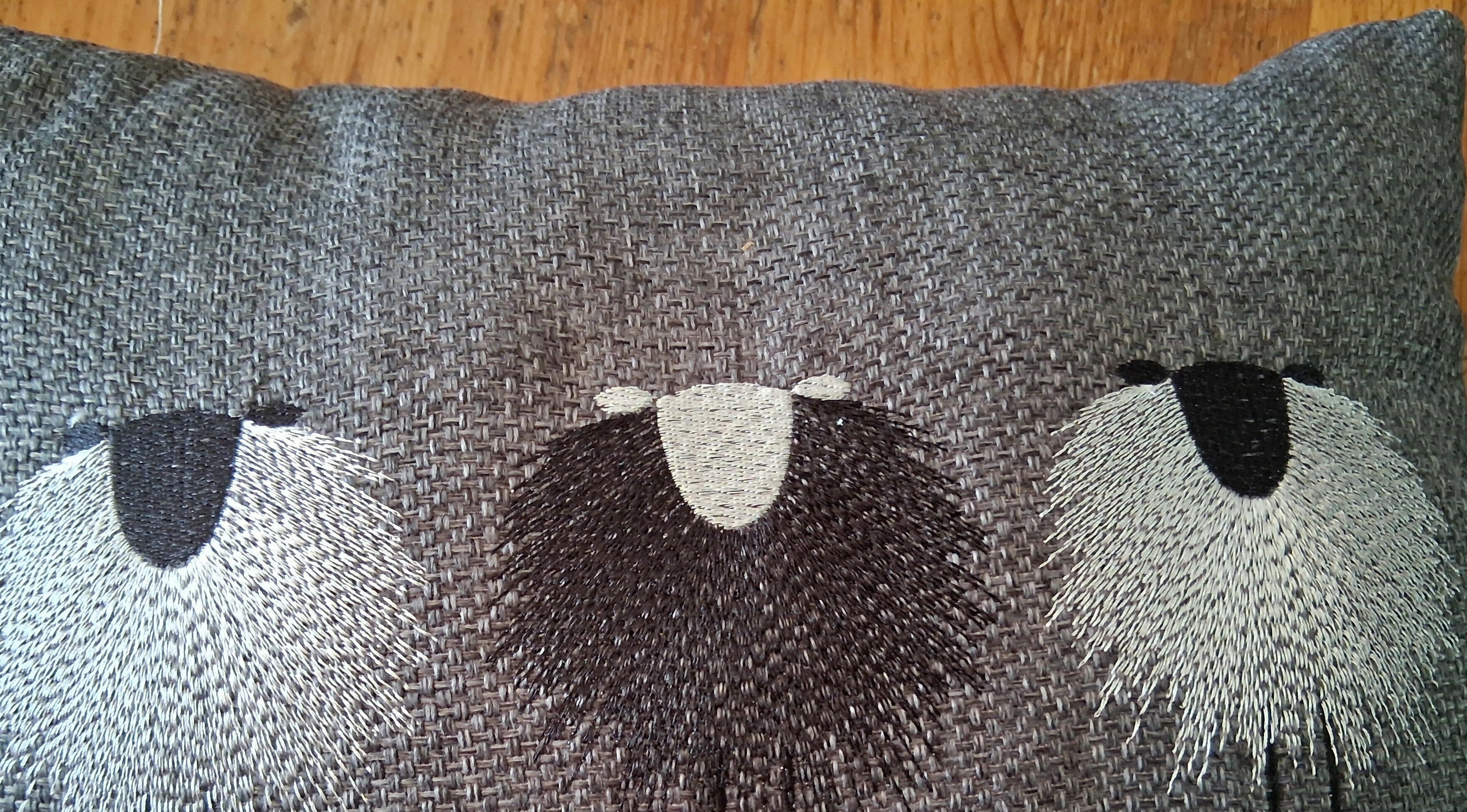 Three Sheep Bolster Cushion in Grey, Handmade and Embroidered