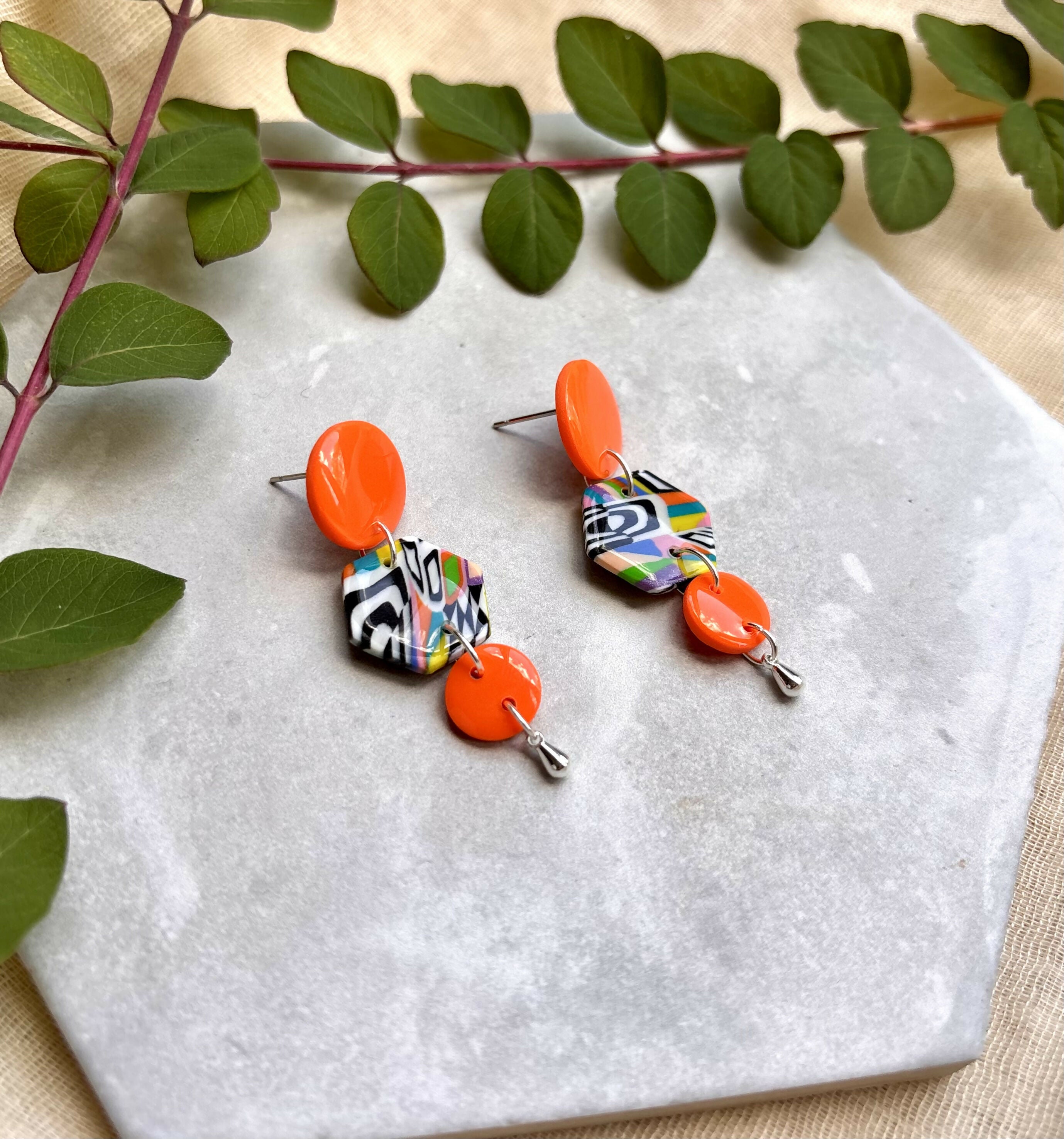 Funky Pattern Collection - Orange Droplet Polymer Clay Earrings