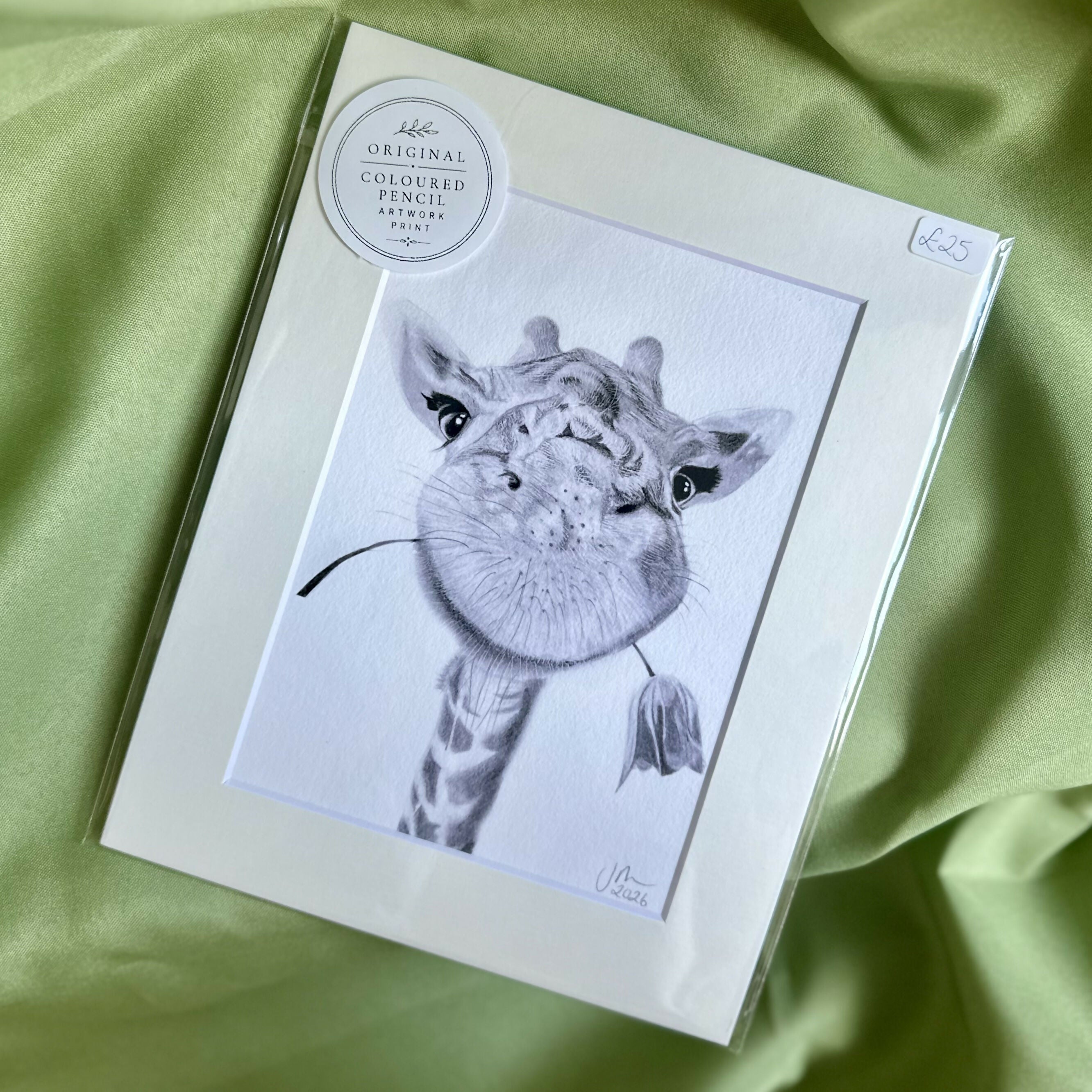 Giraffe with Flower Art Print | Luxury Velvet Paper Print | Cute Animal Decor