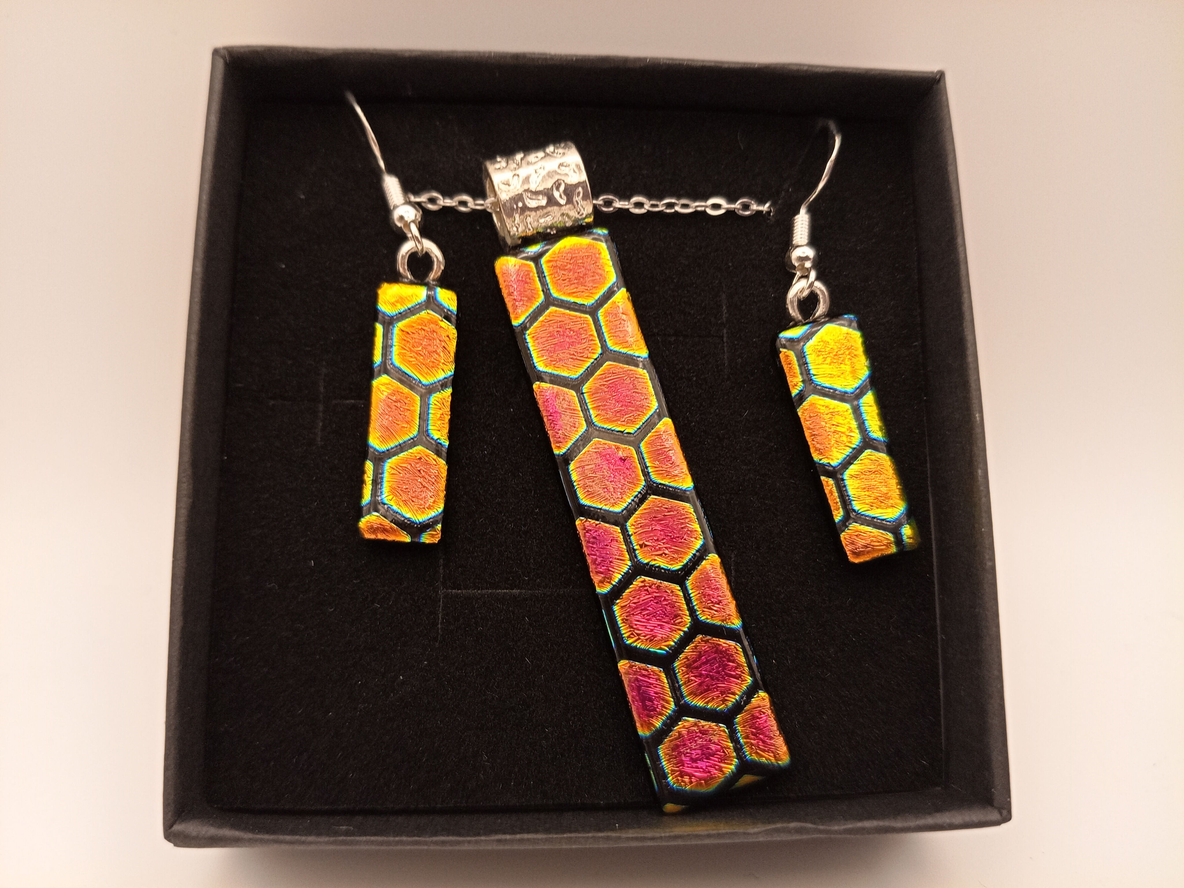 Pink and Gold Hexagon Pendant and Earring Set