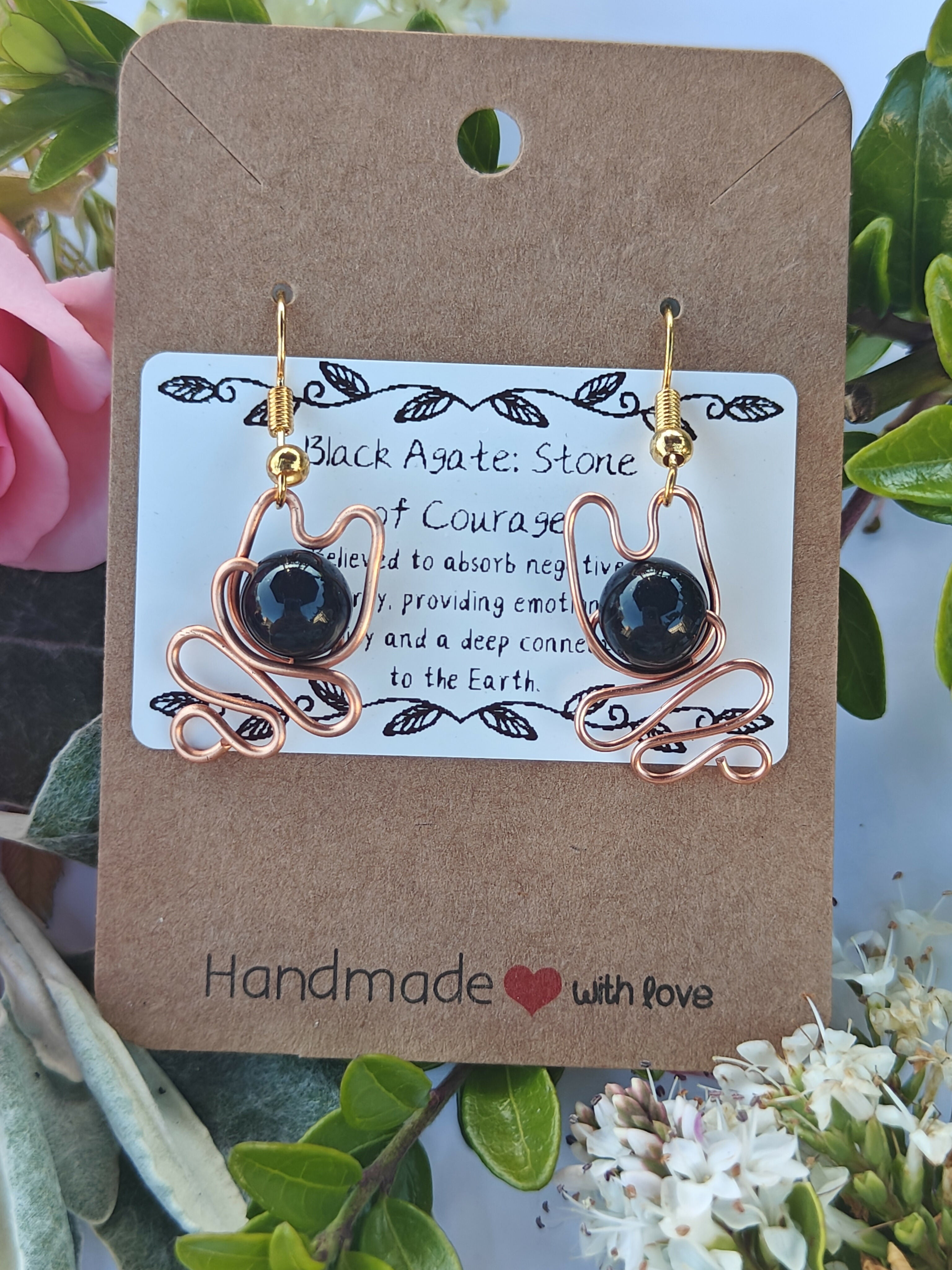 Black Agate Wire Wrapped Crystal Bead Earrings