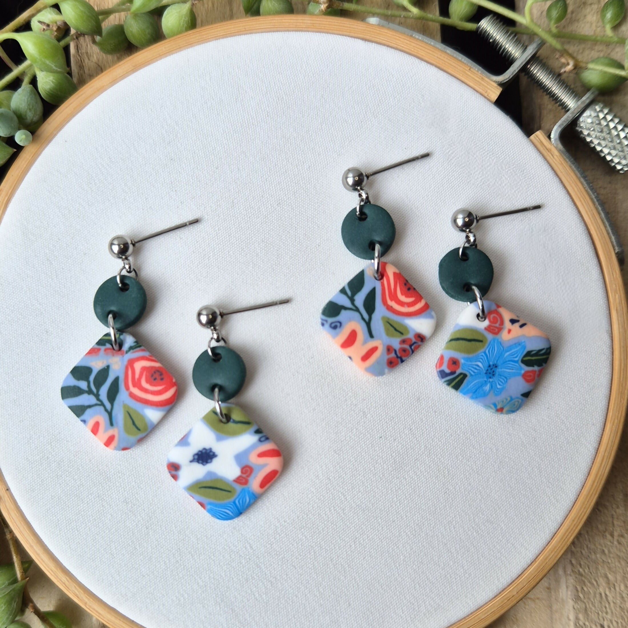 Rose Botanic Millefiori Circle And Square Earrings