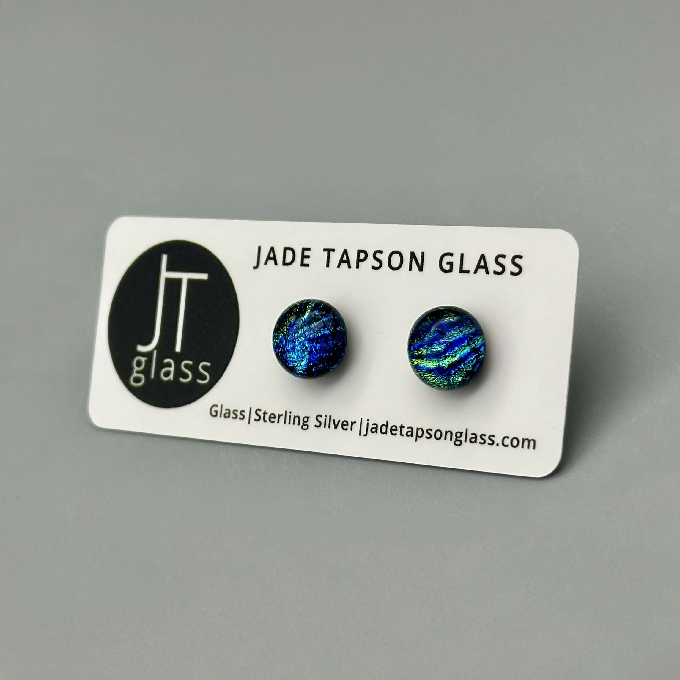 Blue & Green Flower Dichroic Fused Glass Sterling Silver Stud Earrings - Handmade by Jade Tapson Glass.