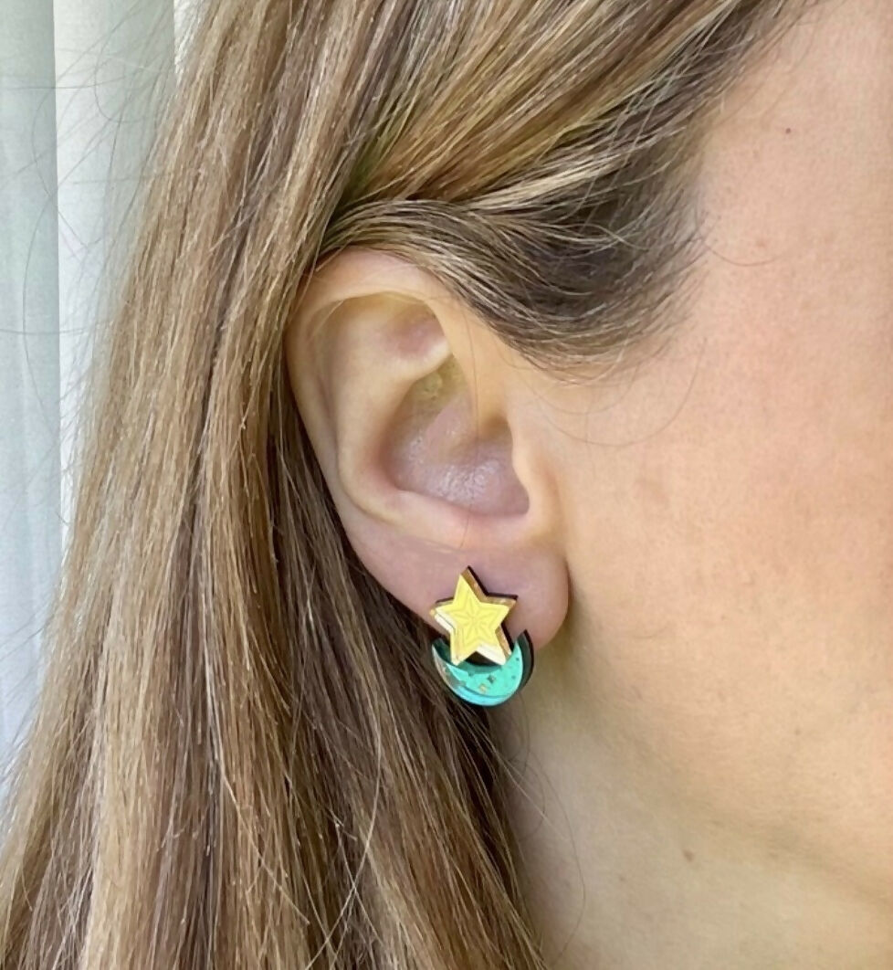 Celestial, Engraved, Moon And Star Stud