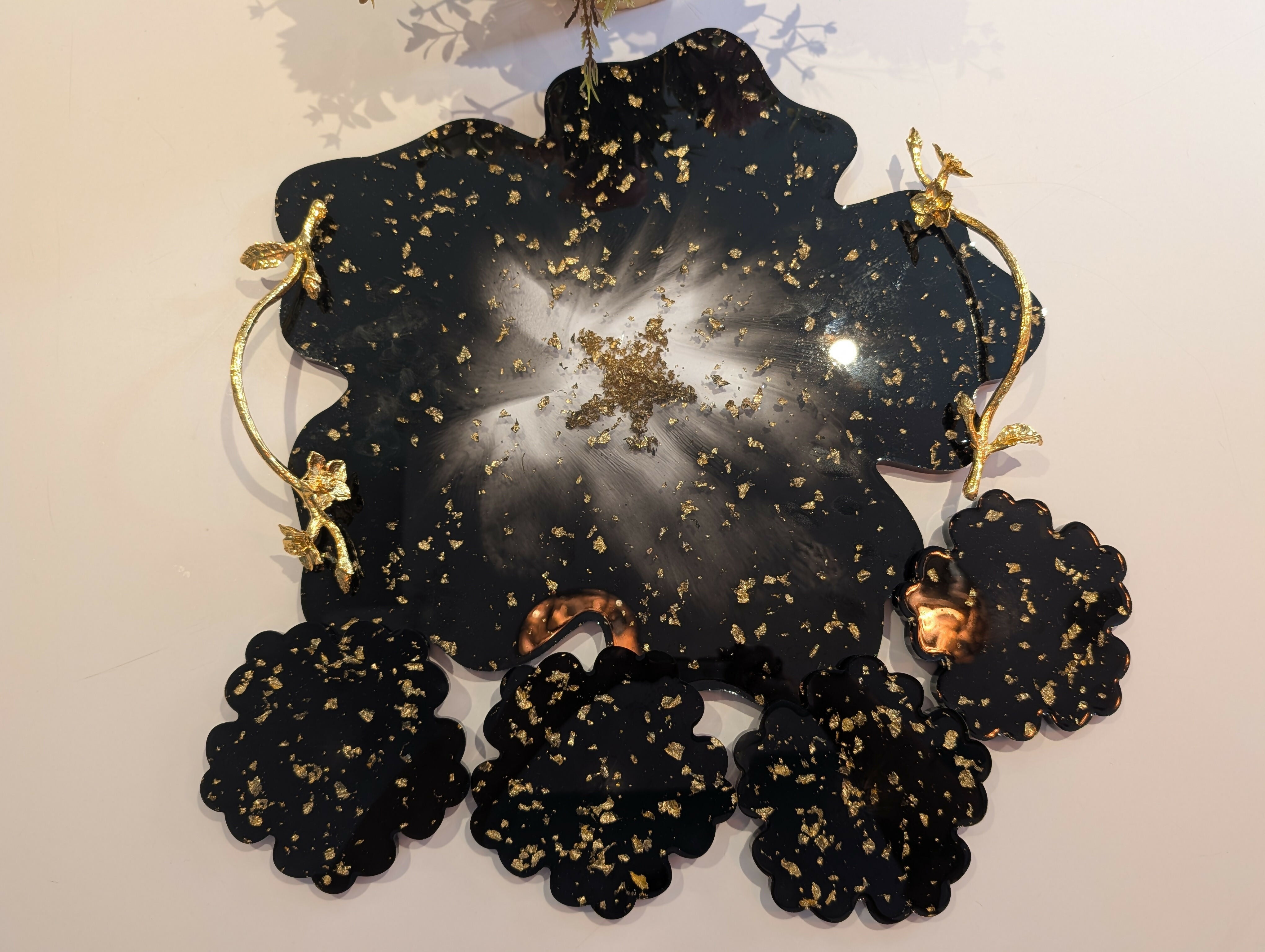 ELEGANT RED FLORAL RESIN TRAY SET WITH COASTERS