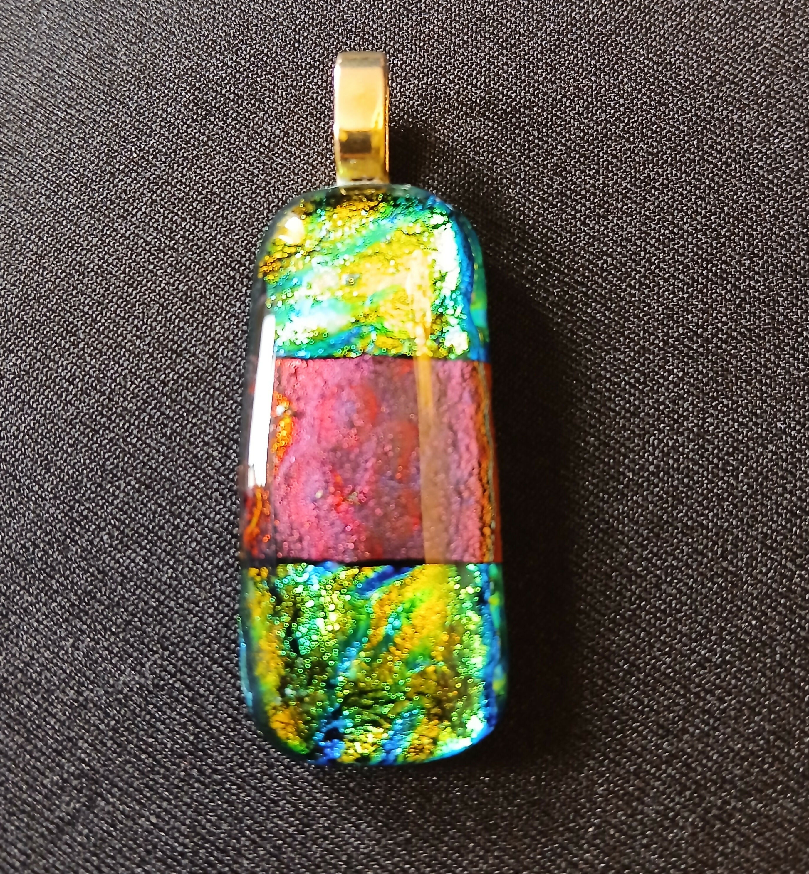 Fused Dichroic Glass Rectangular Pendant With a Gold Coloured Chain Necklace (Green/Gold and Dark Red)