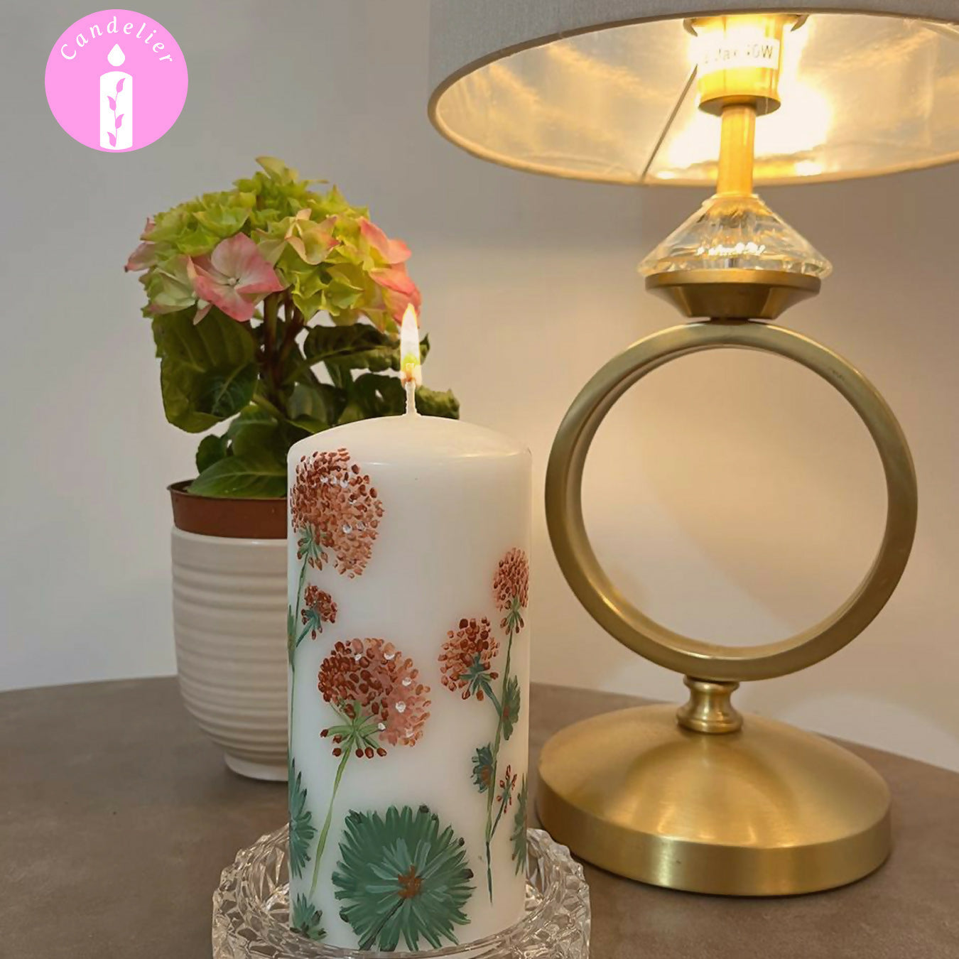 White Pillar Candle with Hydrangea Floral Design