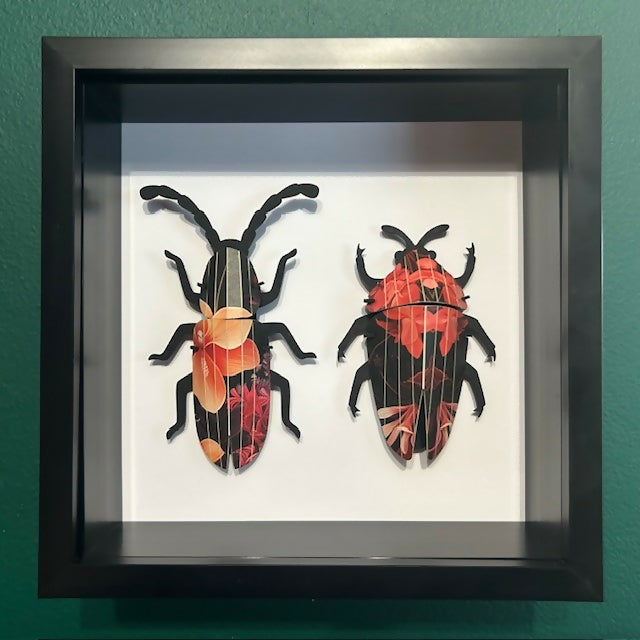 3D Red & Black Floral Paper Beetles In A Deep Black Box Frame