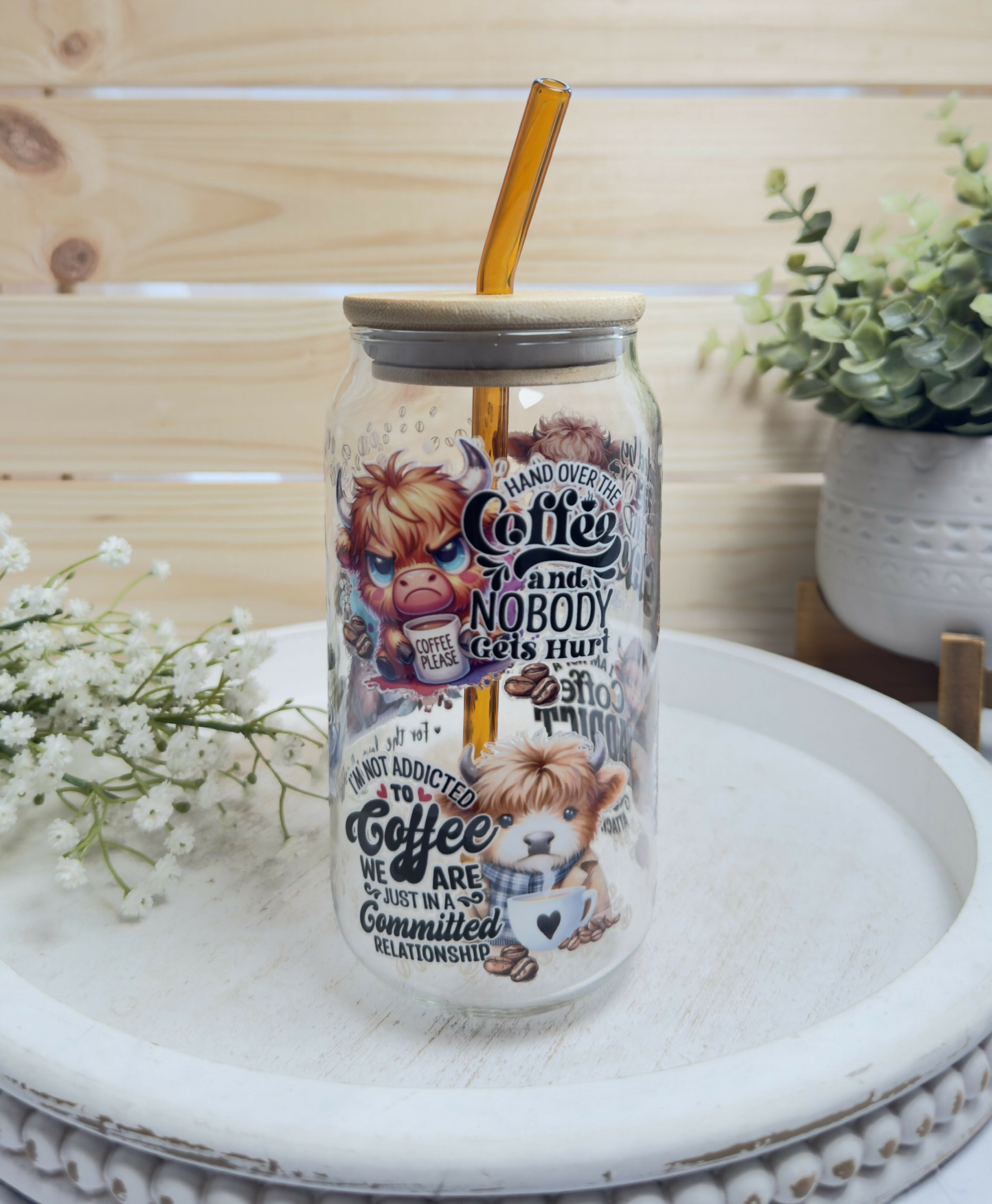 Glass Can Highland Cow Coffee Quotes