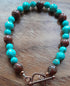 Gemstone Bracelet with Pure Copper Toggle Catch, Red Sesame Jasper and Turquoise.
