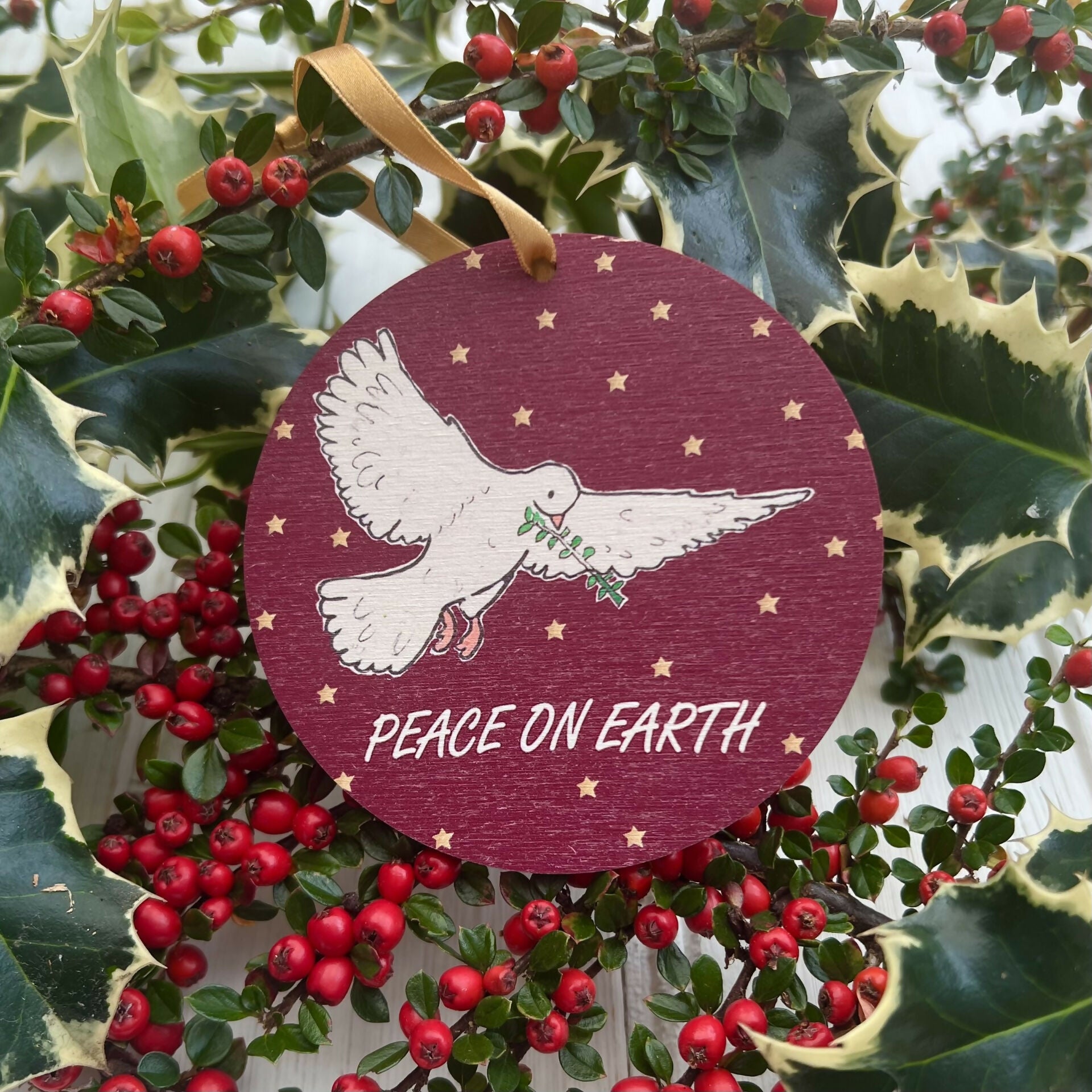 Wooden Christmas Decoration - 'Peace on Earth' Design