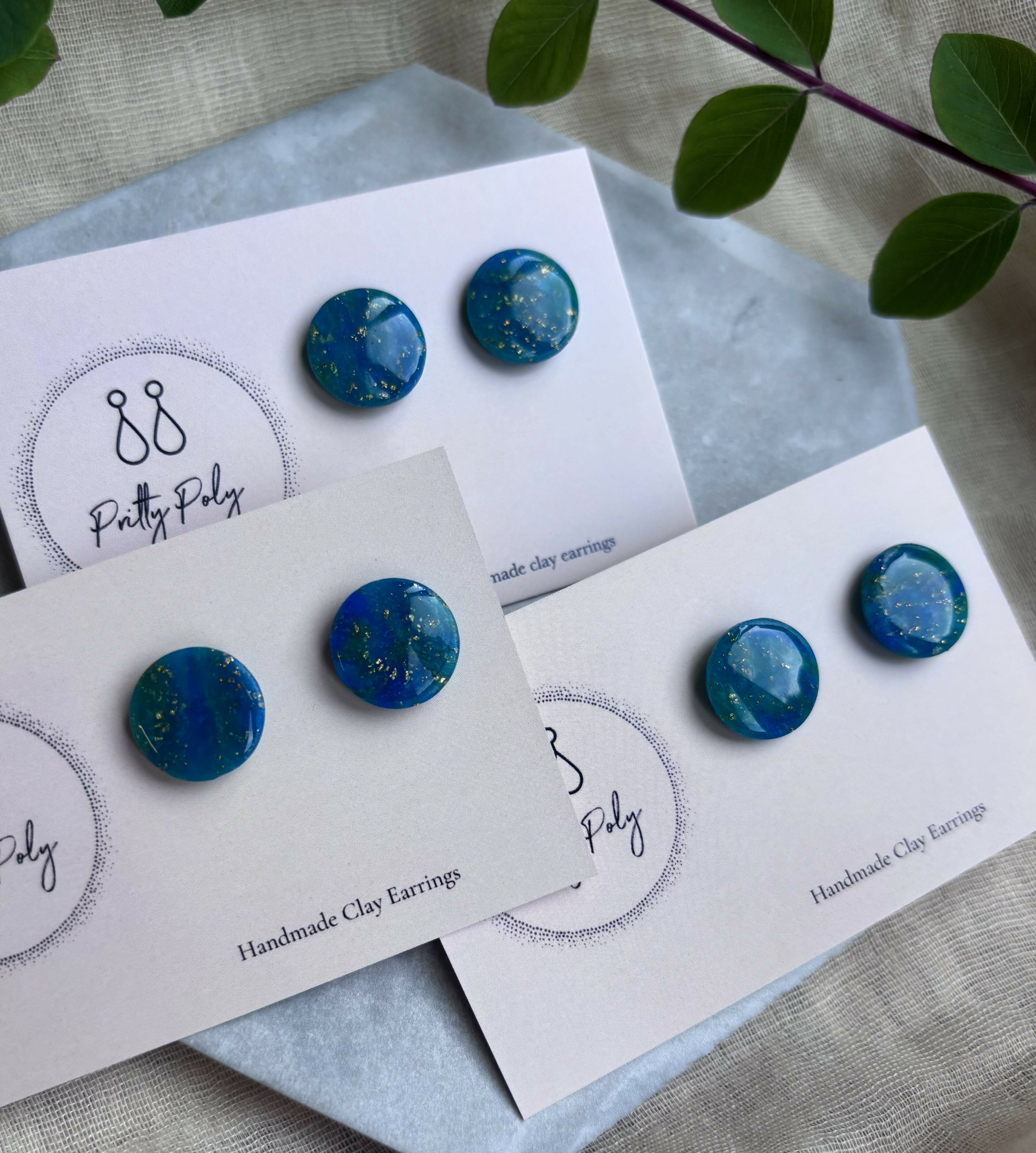 Blue and Gold Fleck Round Polymer Clay Studs