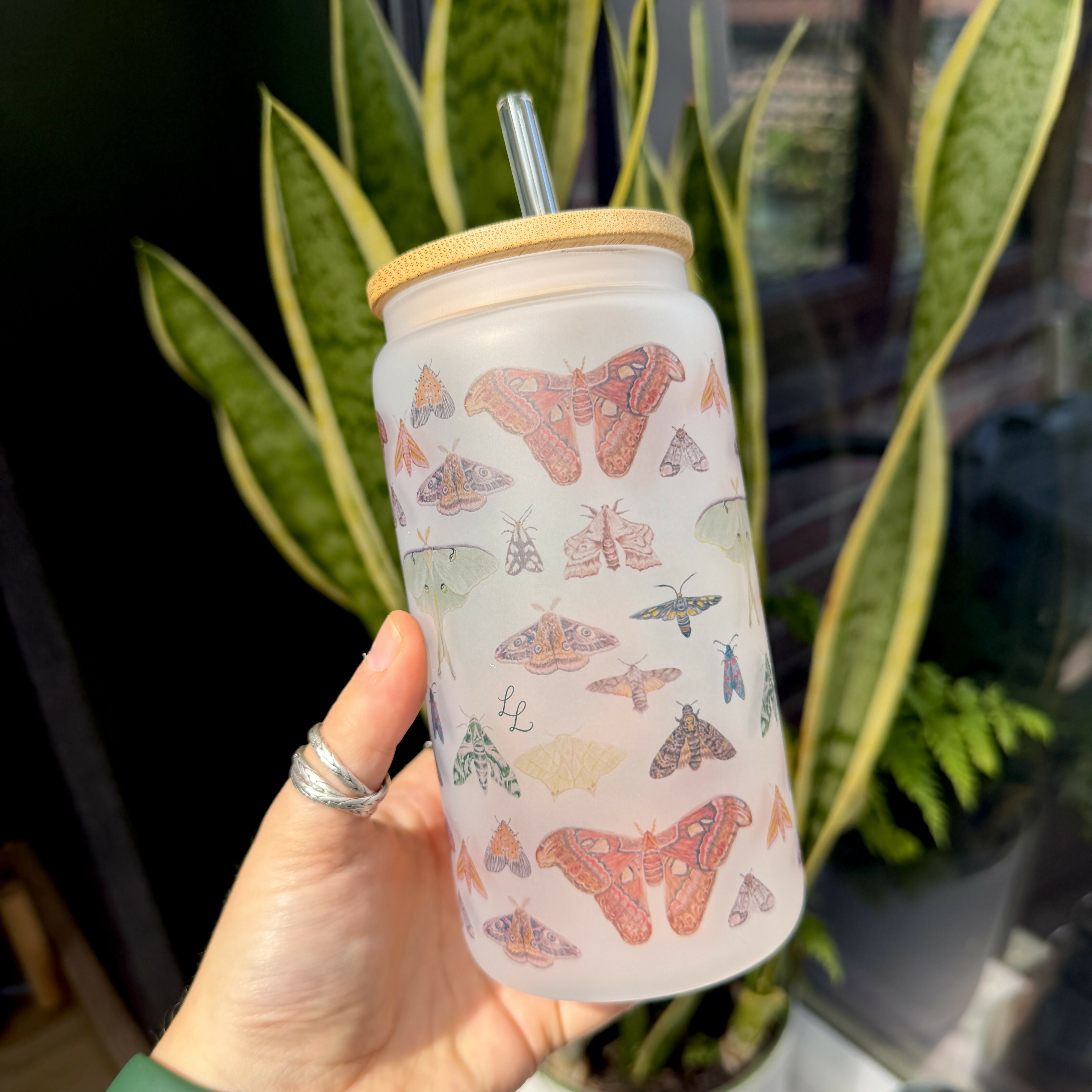 Moth - 16oz Glass Tumbler with Bamboo Lid and Glass Straw
