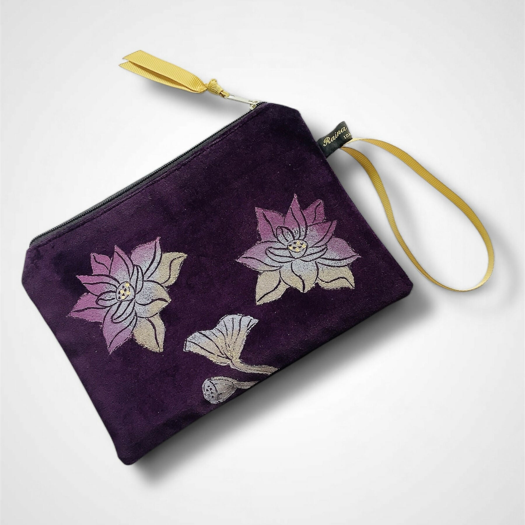 Lotus Flower Aubergine Velvet Zip-Up Pouch with Wrist Strap
