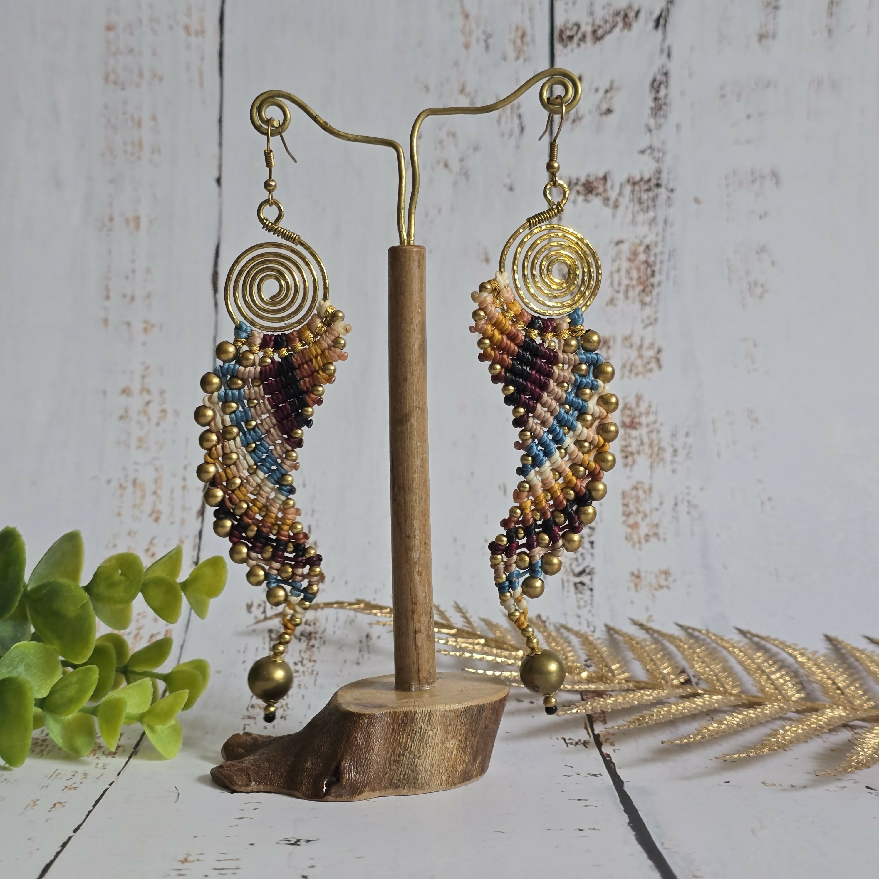 Macrame Angel Wing Earrings: Boho Gold Wire Wrapped Brass Earrings
