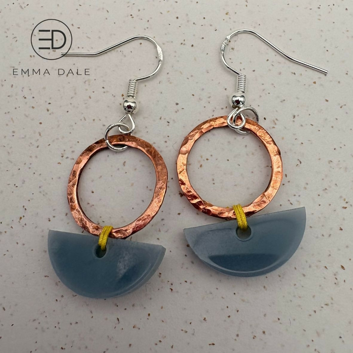 Grey Acrylic & Hand-Hammered Copper Semi-Circle Earrings