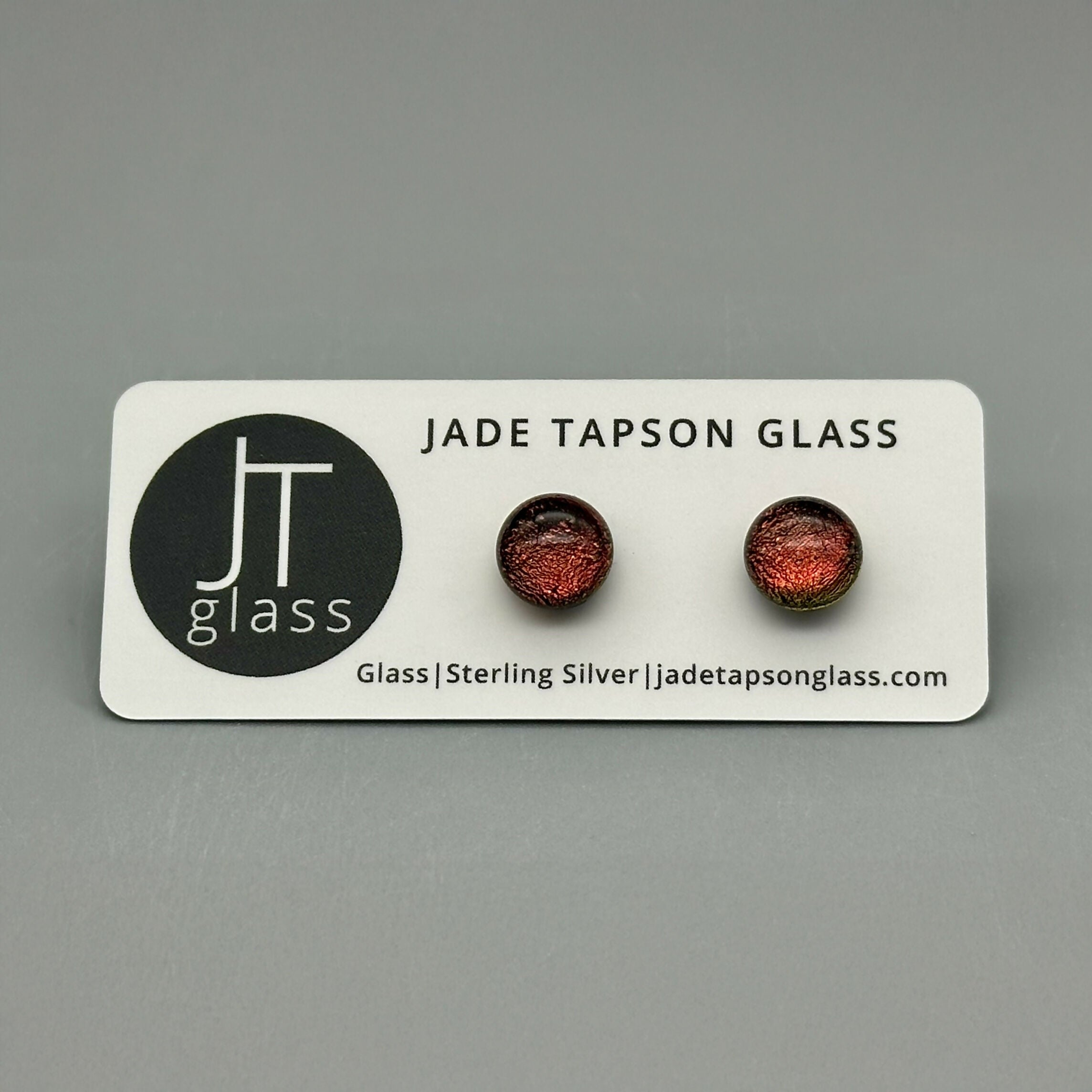 Red Dichroic Fused Glass Sterling Silver Stud Earrings - Handmade by Jade Tapson Glass.